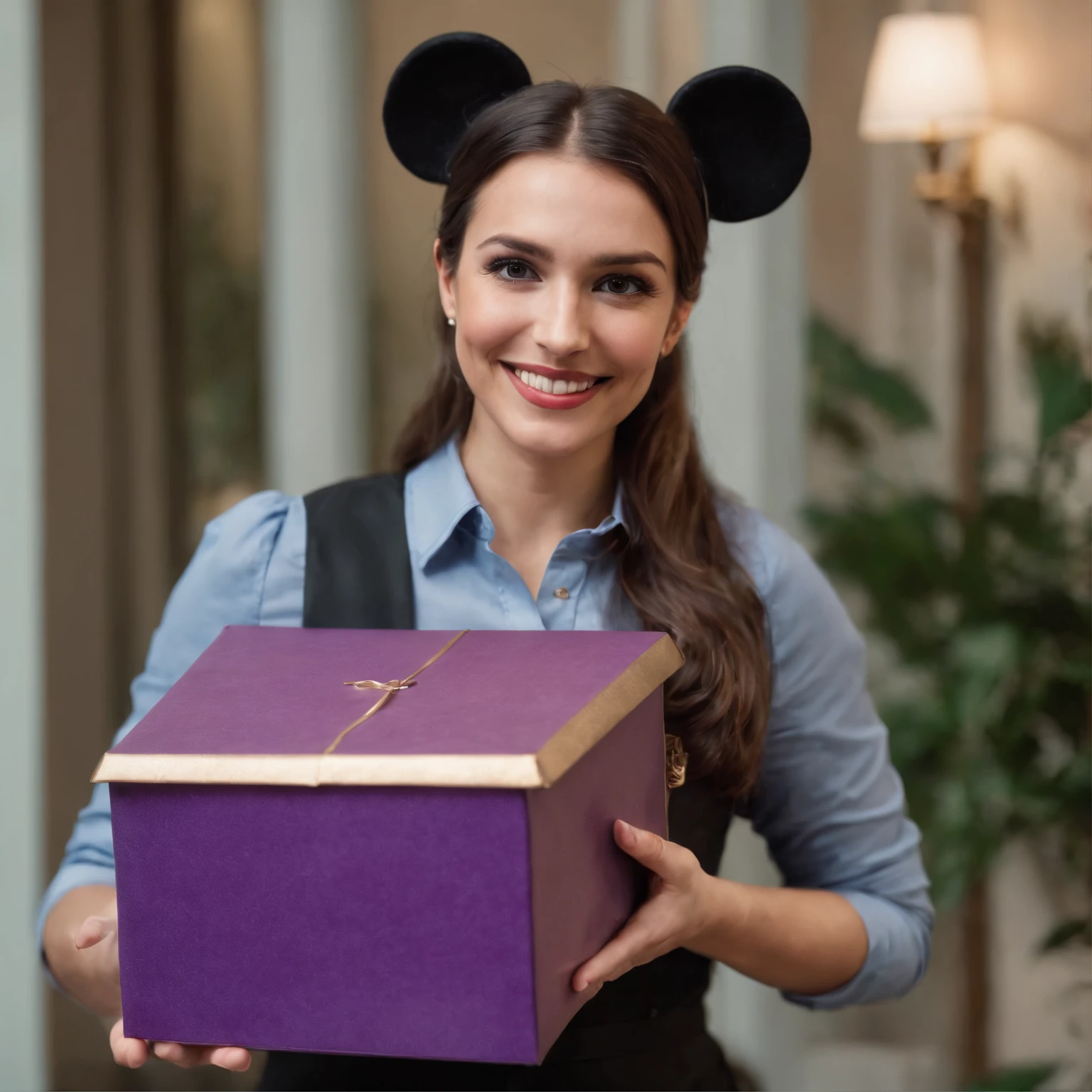 A beautiful and sexy 30-year-old smiling psychologist, with an arch of Minnie Mouse's ears on his head, Holding a big magic purple box, The box is open with toys going out and flying
