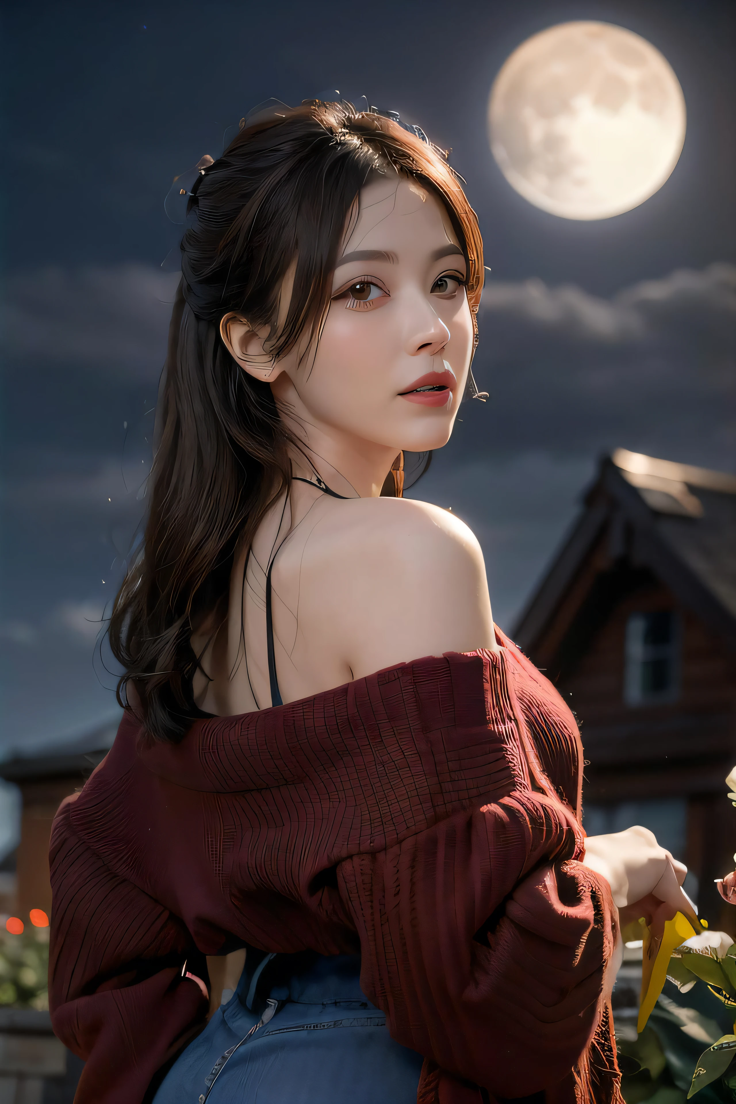 1girl, blurry, blurry_background, brown_eyes, brown_hair, depth_of_field, earrings, flower, full_moon, hair_flower, hair_ornament, lips, looking_at_viewer, moon, moonlight, night, night_sky, outdoors, red_flower, red_moon, sky, solo