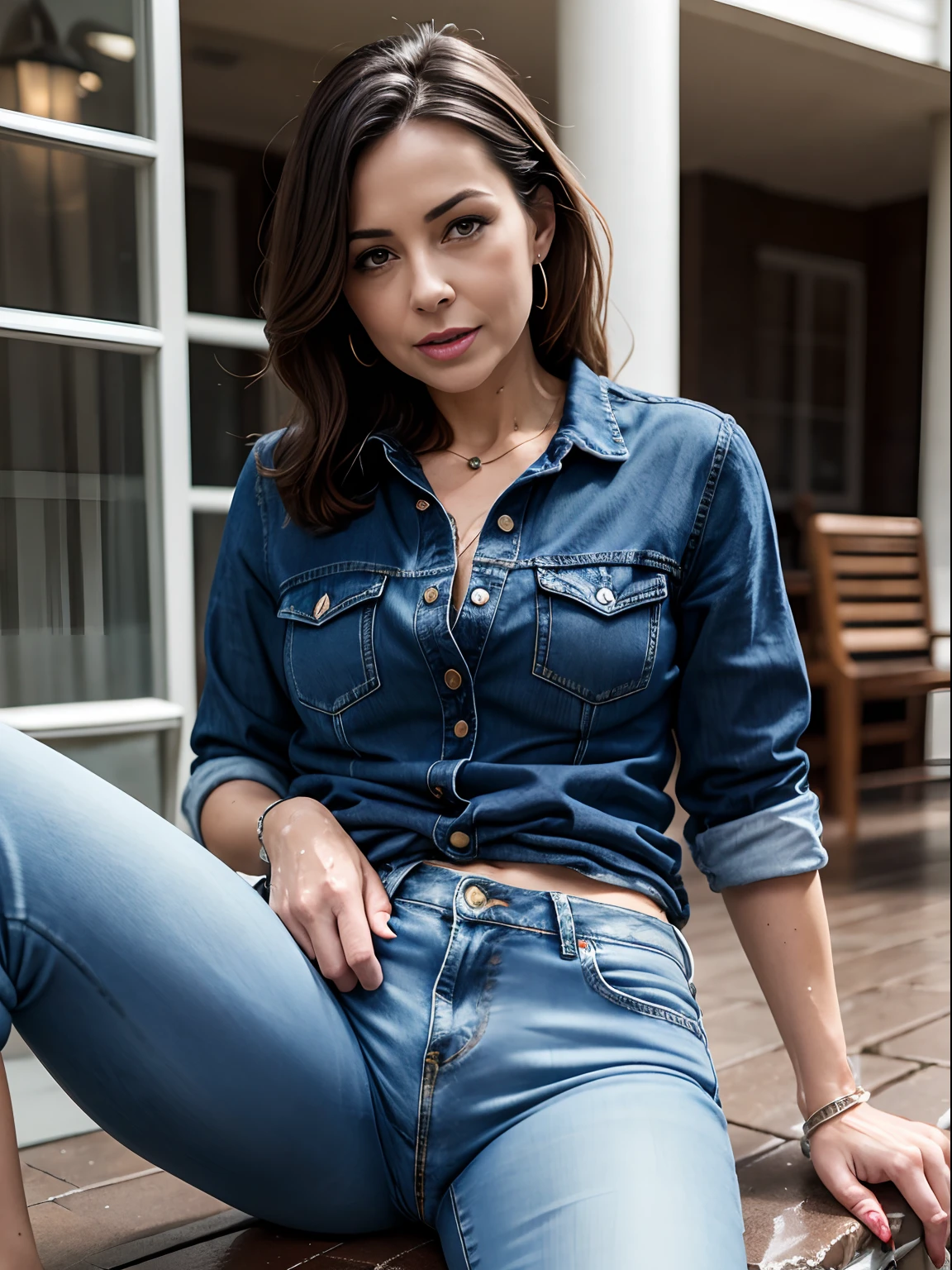 Mature woman in wet denim jeans, ((wet jeans)), wet clothes, dripping