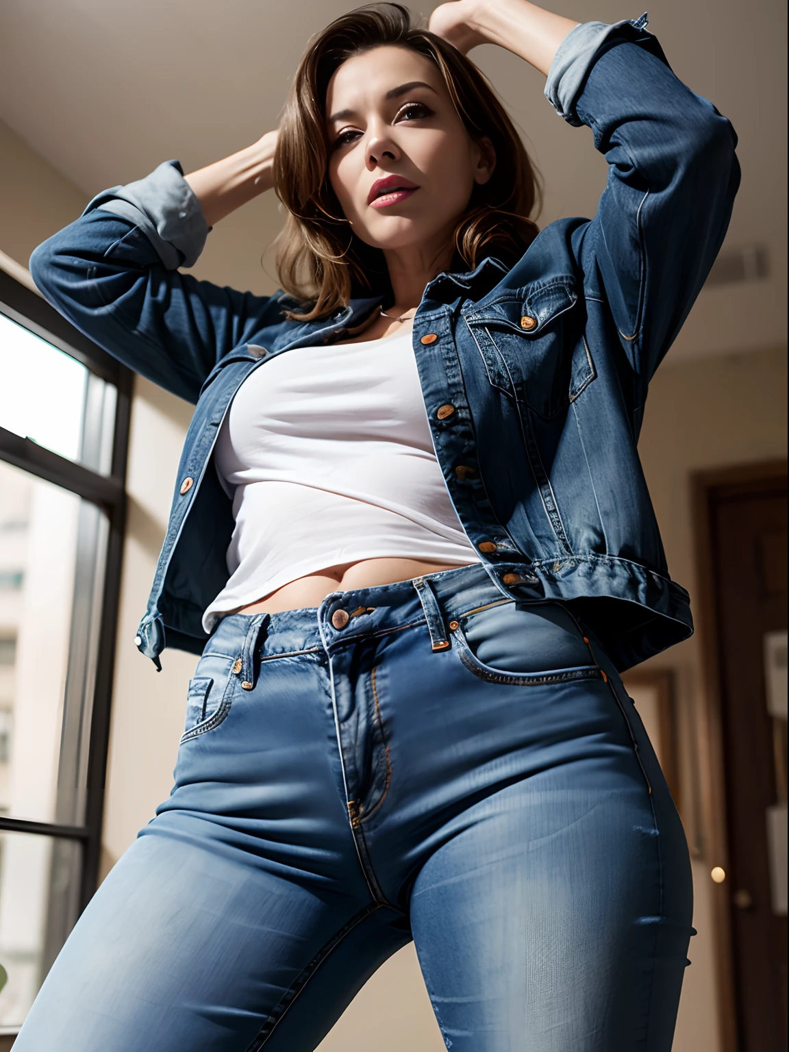 Mature woman in wet denim jeans, ((wet jeans)), wet clothes, dripping
