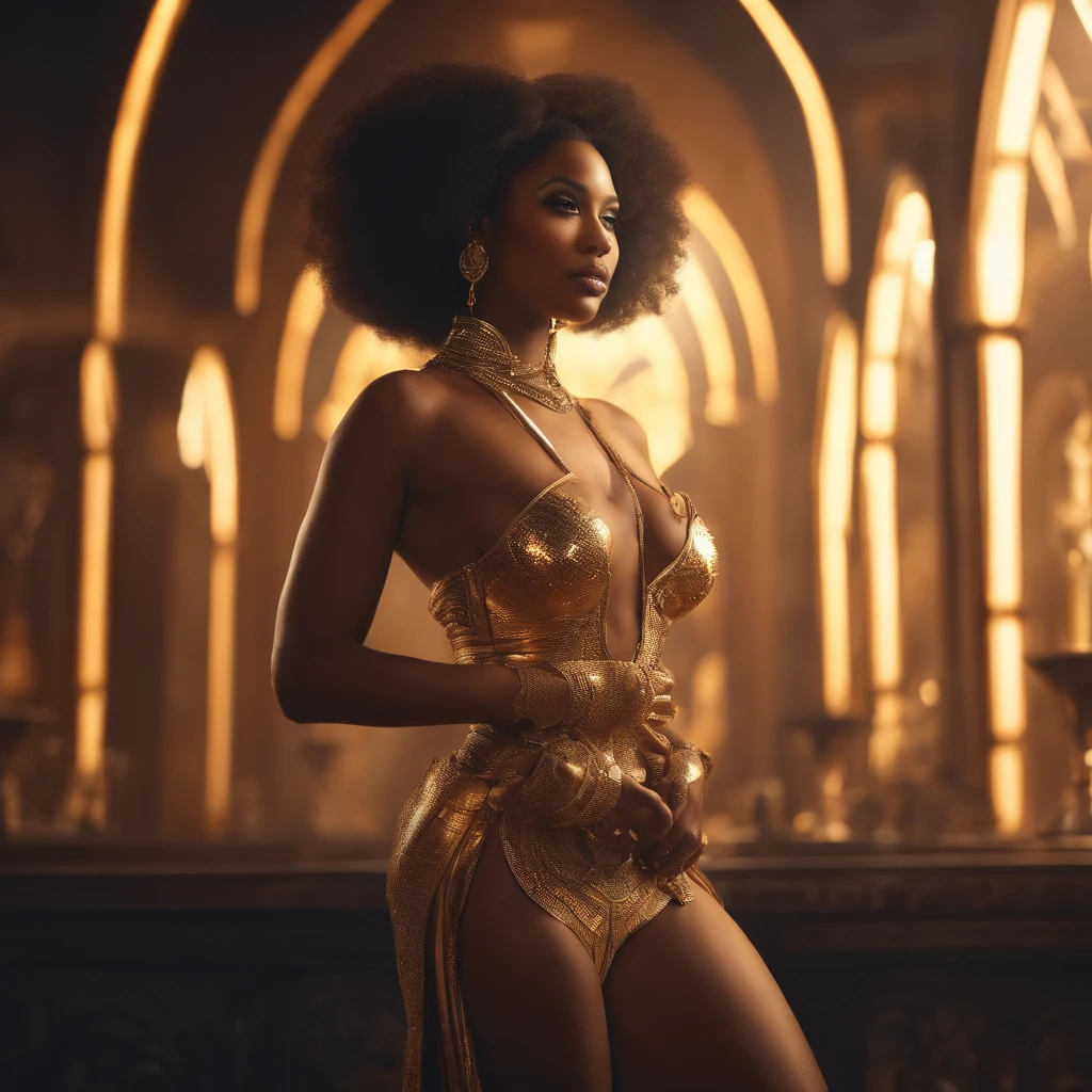Portait of one pretty young African female, perfect face, seductive smile, bra size 32B - 40C, 26-32 inch waist, scantily clad, wearing avant-garde futuristic designer clothing, in a dynamic pose and a new environment, hyper detailed, ultra-realistic, picture, cinematic golden hour, award winning photography, DSLR, god rays, natural lighting, volumetric lighting, global illuminations, by yoshitaka amano, by greg rutkowski, by jeremyg lipkinng, by artgerm, digital art, by ismail inceoglu, by quentin tarantino, 8k, realistic shaded, octane render