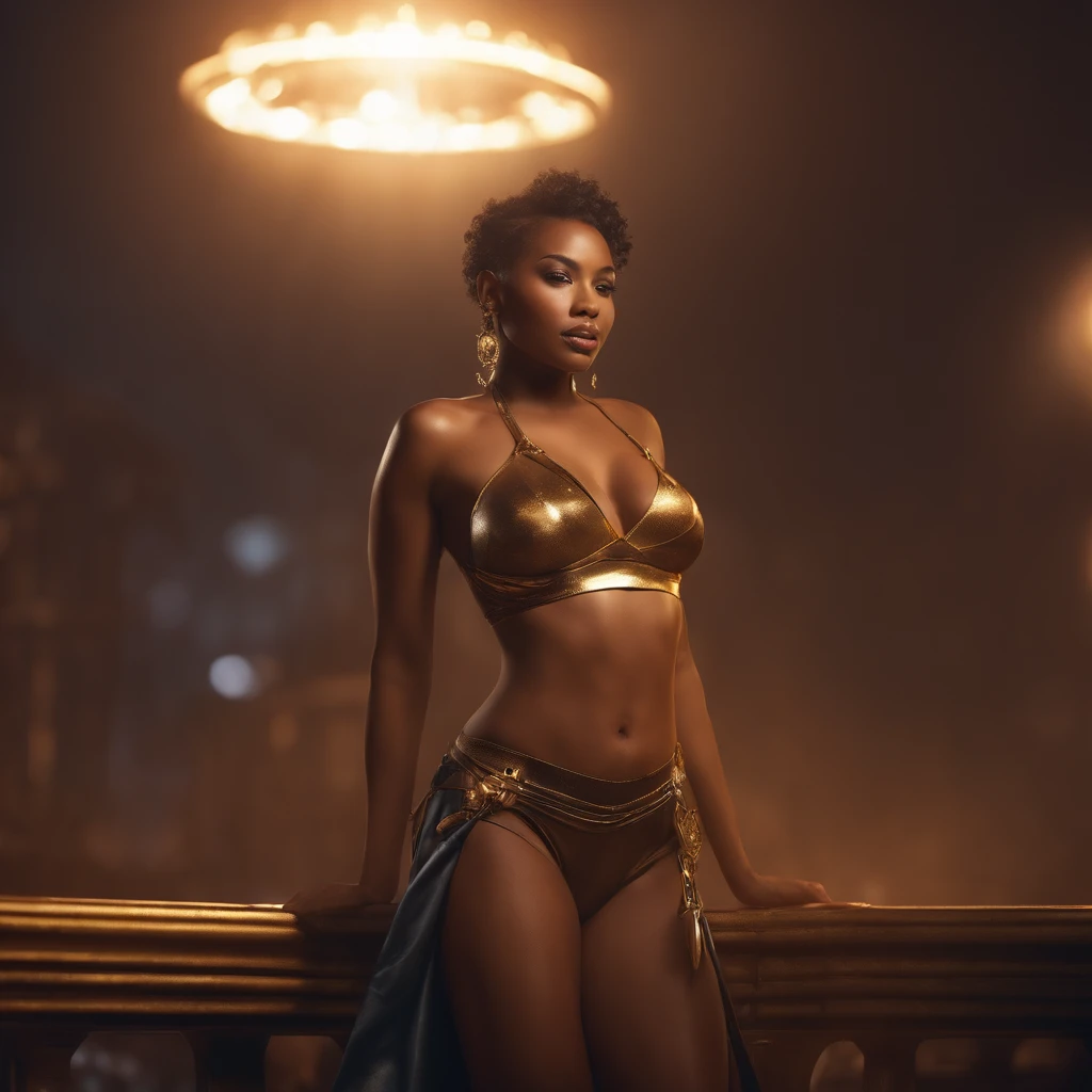 Portait of one pretty young African female, perfect face, seductive smile, bra size 32B - 40C, 26-32 inch waist, scantily clad, wearing avant-garde futuristic designer clothing, in a dynamic pose and a new environment, hyper detailed, ultra-realistic, picture, cinematic golden hour, award winning photography, DSLR, god rays, natural lighting, volumetric lighting, global illuminations, by yoshitaka amano, by greg rutkowski, by jeremyg lipkinng, by artgerm, digital art, by ismail inceoglu, by quentin tarantino, 8k, realistic shaded, octane render