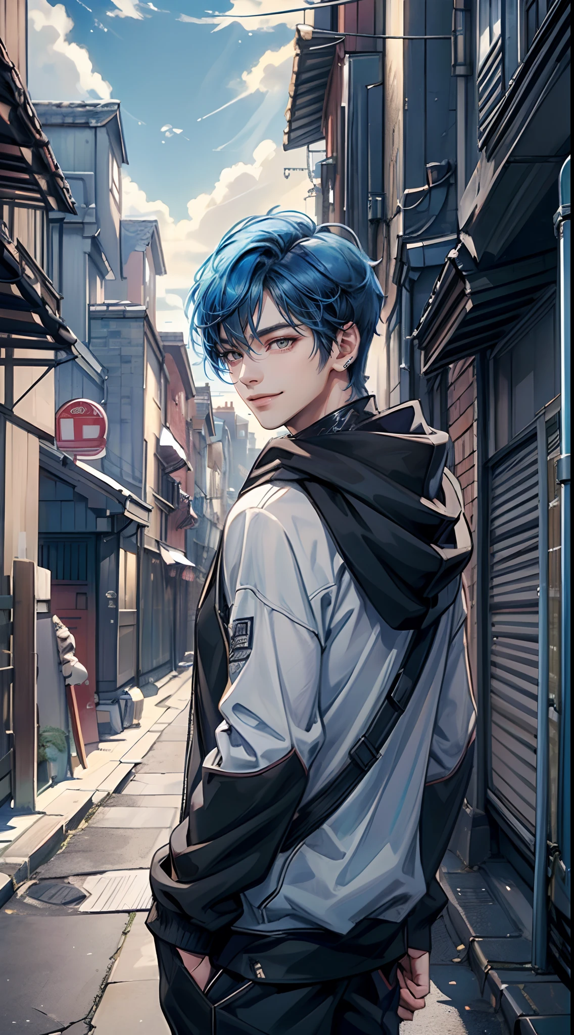 ((4K works))、​masterpiece、(top-quality)、One Beautiful Boy、Slim body、tall、((Attractive street style in black hoodie))、(Detailed beautiful eyes)、Fantastic British cities、Back alley in the daytime、((Strolling through a fantastic back alley))、((Daytime bright sky))、((Back alleys in the UK))、((Shot in a back alley in England))、((Short-haired bright blue hair))、((Smaller face))、((White eyes))、((American adult male))、((Adult male 26 years old))、((Cool Men))、((Like a celebrity))、((Smile showing teeth and smiling))、((Korean Makeup))、((elongated and sharp eyes))、((boyish))、((Upper body photography))、((Happy dating))、Professional Photos、((Shot alone))、((Shot diagonally from the side))、((Shot in close proximity to him))、((He is walking next to the viewer))、((Focus zoom in))