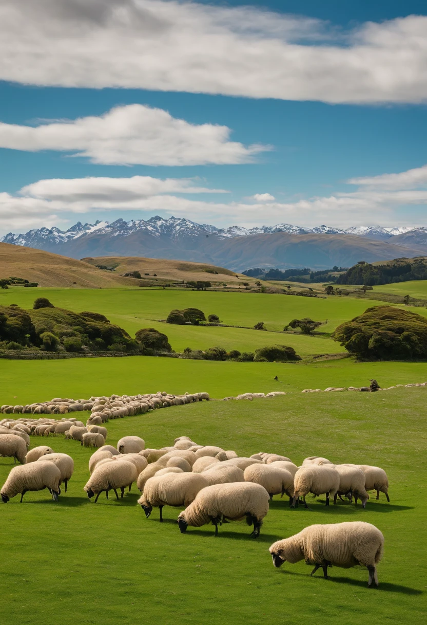 pecora,A flock of sheep,Green meadow,White cloudless sky,new zealand,4K,k hd