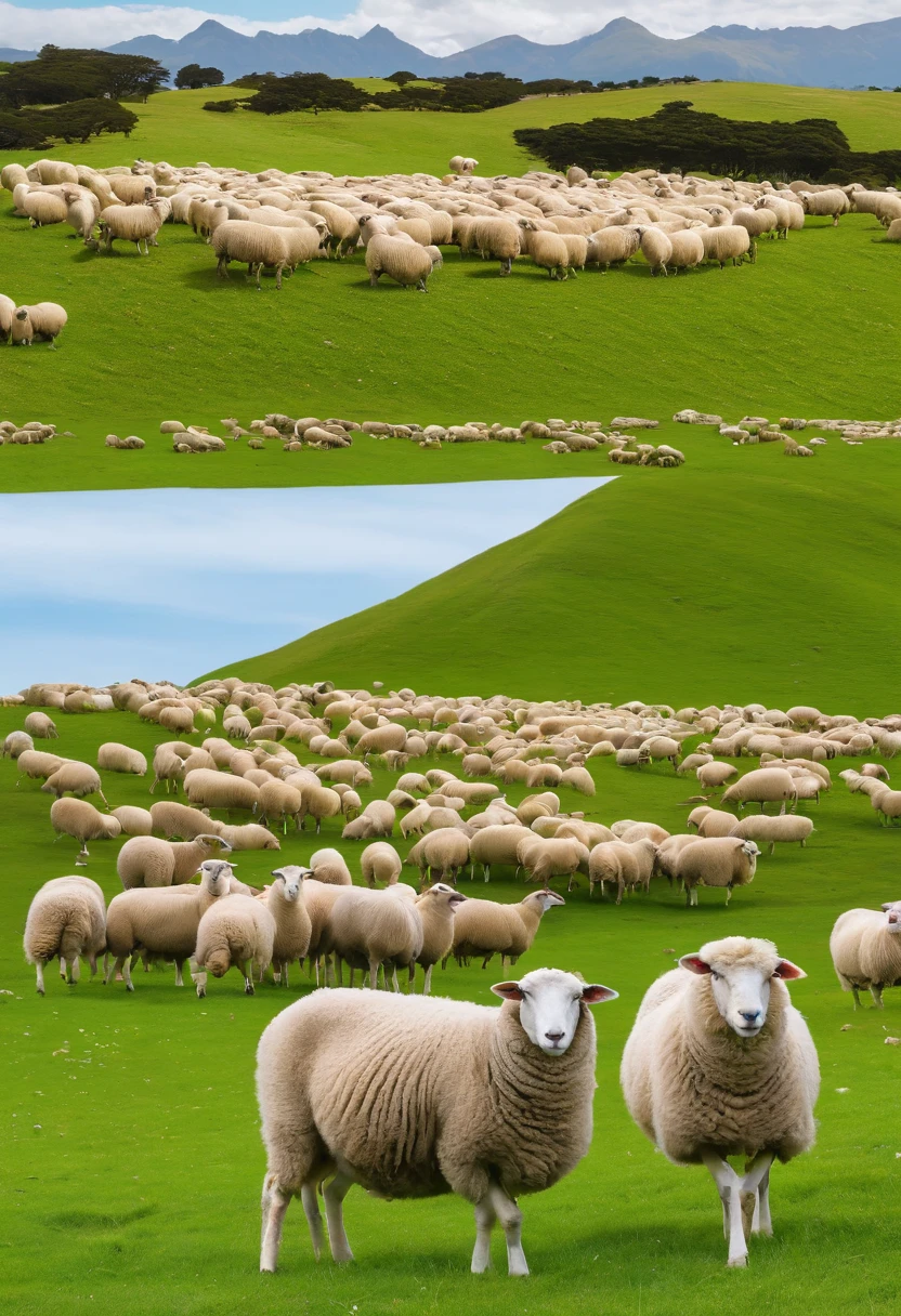 pecora，A flock of sheep，Green meadow，White cloudless sky，new zealand，4K，k hd