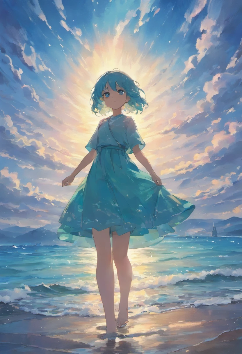 夏天,the light blue sky,White clouds,Deep blue sea,choppy,Foam white