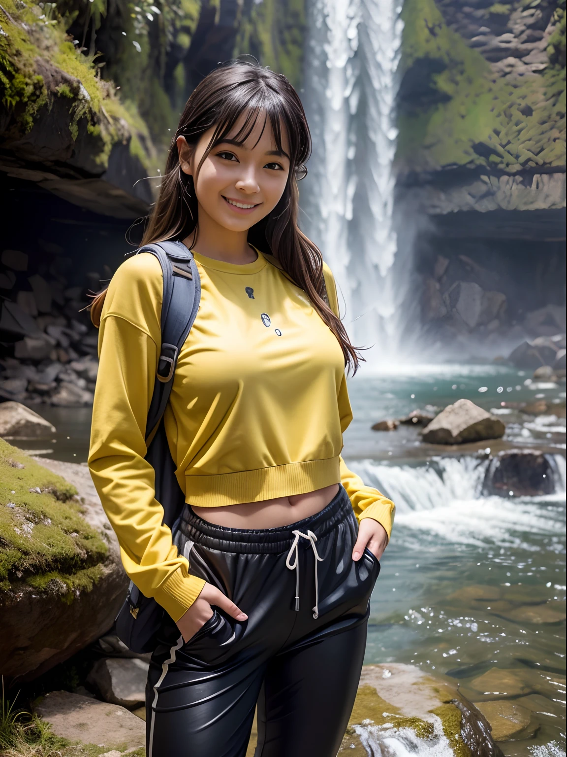 Young female tourist at waterfall, bright sunshine, hiking clothes, pullover, long pants, highres,4k,HDR,1girl, photorealistic, realistic,sweat skin, wet clothes, wet body, soaked, dripping, smiling at viewer, closeup