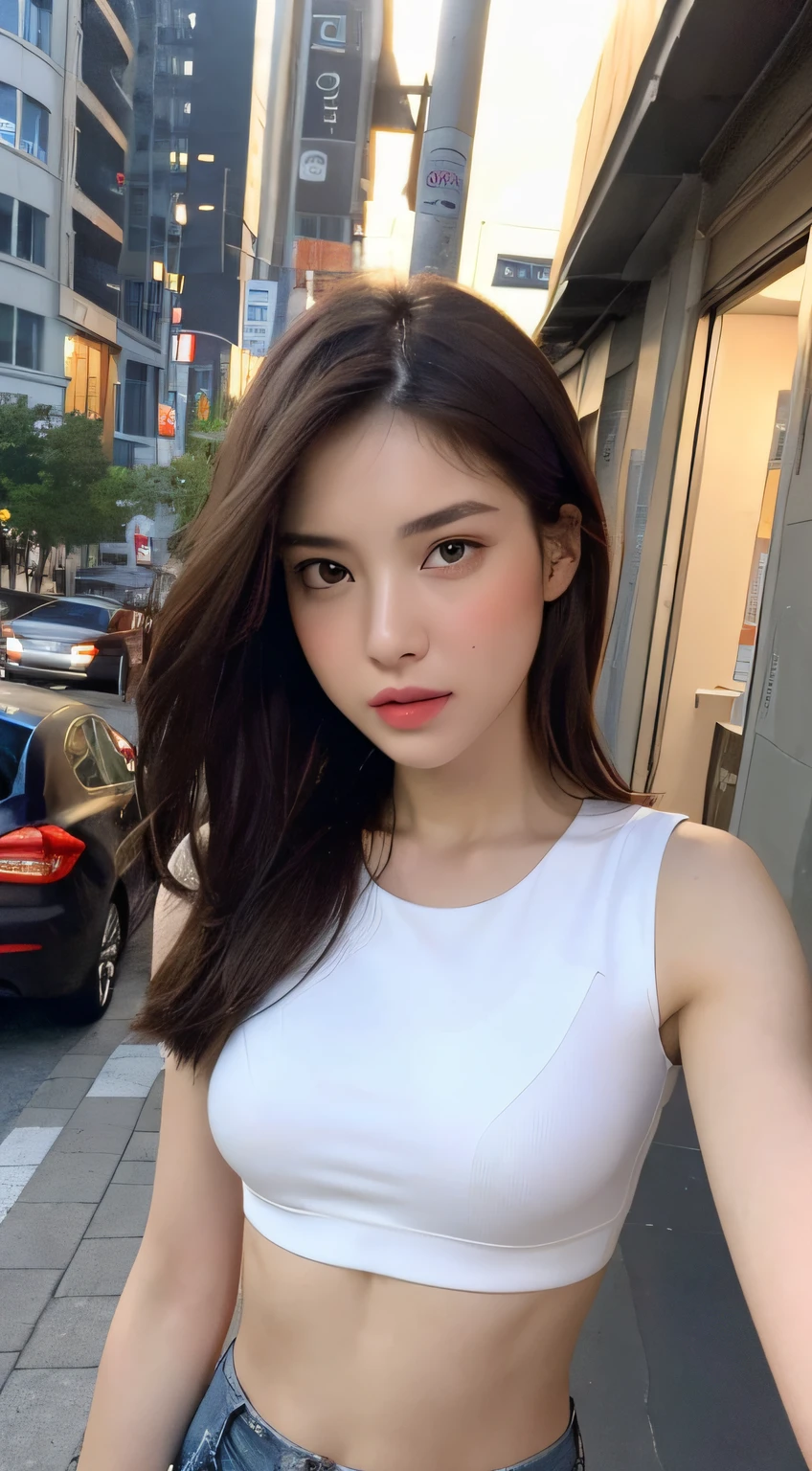 ((Realistic lighting, Best quality, 8K, Masterpiece: 1.3)), Clear focus: 1.2, 1girl, Perfect Figure: 1.4, Slim Abs: 1.1, ((Dark brown hair)), (White crop top: 1.4), (Outdoor, Night: 1.1), City streets, Super fine face, Fine eyes, Double eyelids,