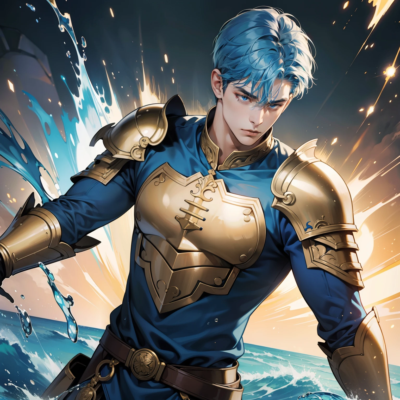 Masterpiece, high quality, best quality, HD, realistic, perfect lighting, detailed body, 1 man, blue hair falls down, gold t-shirt, mad expression, wearing armor, water elemen background.