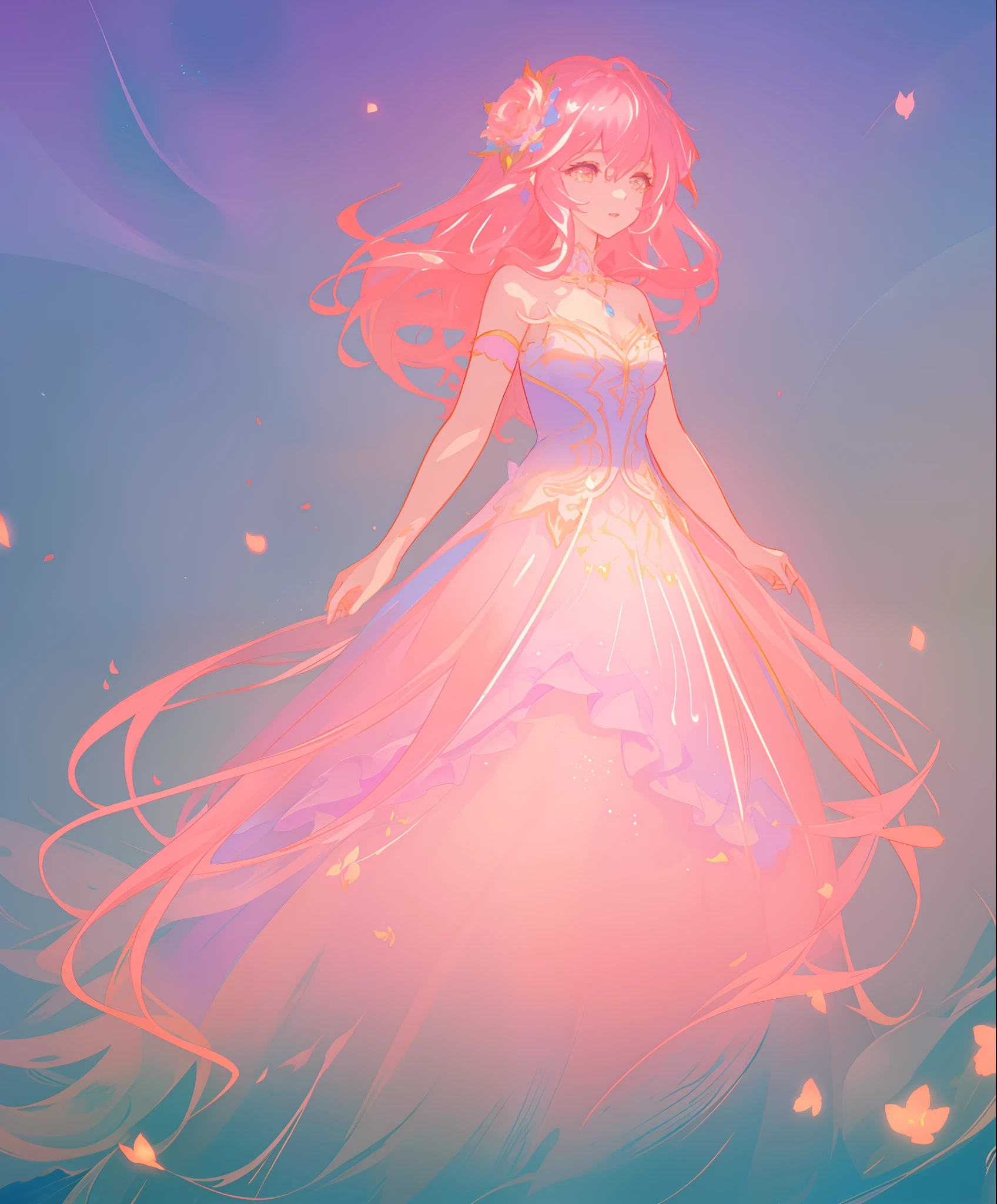 beautiful girl, puffy shimmering layered ballgown, vibrant pastel colors, (colorful), long flowing hair, magical lights, sparkling magical liquid, inspired by Glen Keane, inspired by Lois van Baarle, disney art style, by Lois van Baarle, glowing aura around her, by Glen Keane, jen bartel, glowing lights! digital painting, flowing glowing hair, glowing flowing hair, beautiful digital illustration, fantasia background, whimsical, magical, fantasy, ((masterpiece, best quality)), intricate details, highly detailed, sharp focus, 8k resolution, sparkling detailed eyes, liquid watercolor