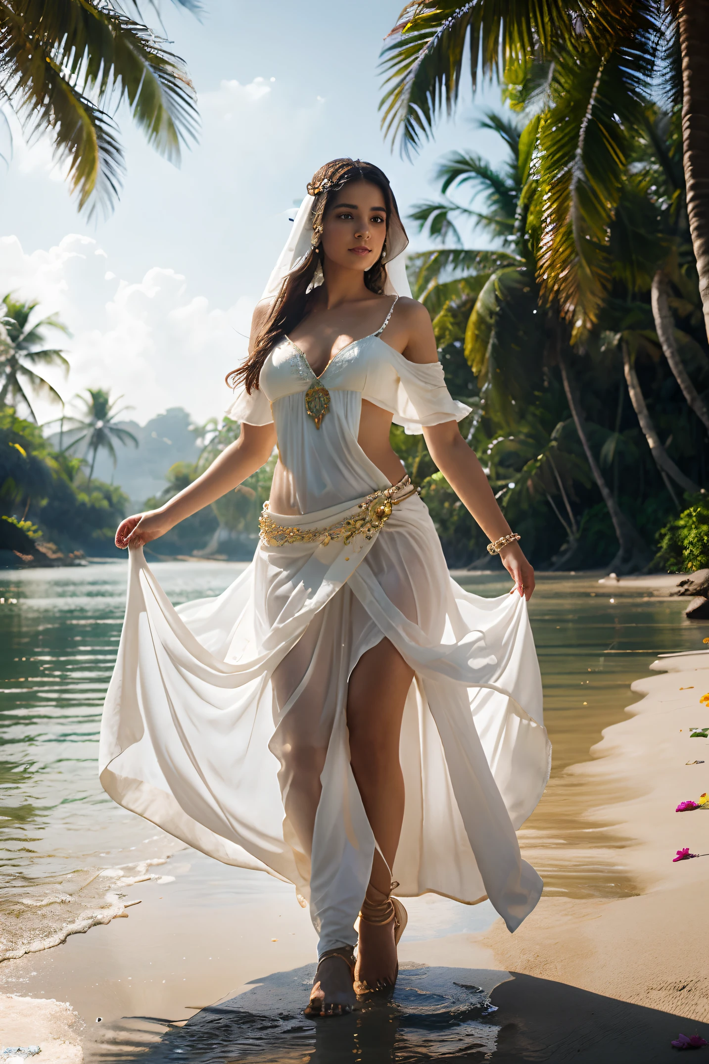 Beautiful arabian princess with flowing white dress and intricate accents, dancing by water on tropical beach with lush greenery and colorful flowers, full-body view, greg rutkowski, ultra detailed, volumetric lighting