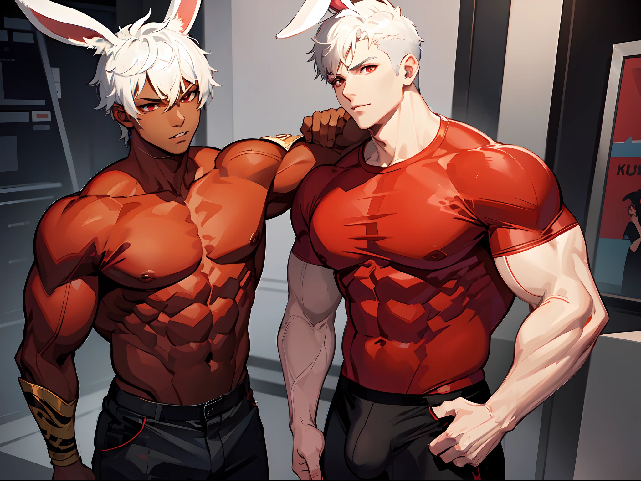 Hot, sexy, muscle, man, short white hair, bunny ears, dark skin, strong red eyes, red shirt, black pants with bulge, pecs, biceps