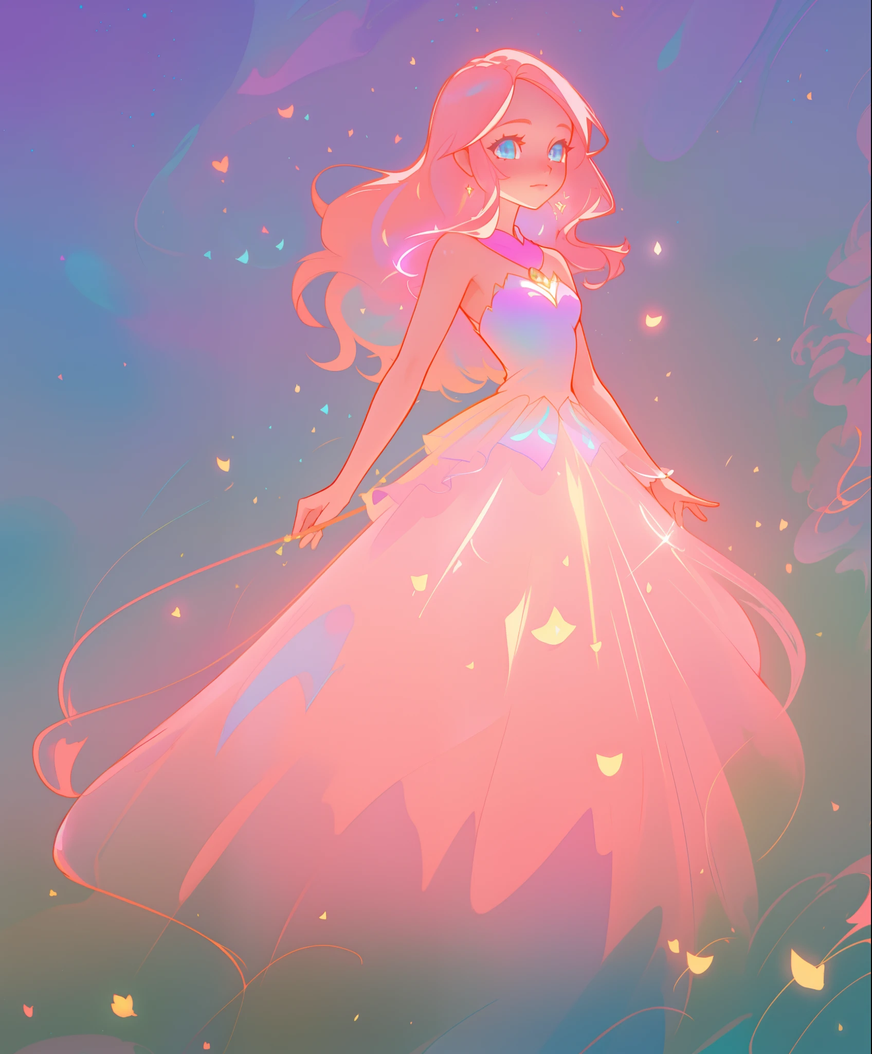 beautiful girl, puffy shimmering layered ballgown, vibrant pastel colors, (colorful), long flowing hair, magical lights, sparkling magical liquid, inspired by Glen Keane, inspired by Lois van Baarle, disney art style, by Lois van Baarle, glowing aura around her, by Glen Keane, jen bartel, glowing lights! digital painting, flowing glowing hair, glowing flowing hair, beautiful digital illustration, fantasia background, whimsical, magical, fantasy, ((masterpiece, best quality)), intricate details, highly detailed, sharp focus, 8k resolution, sparkling detailed eyes, liquid watercolor