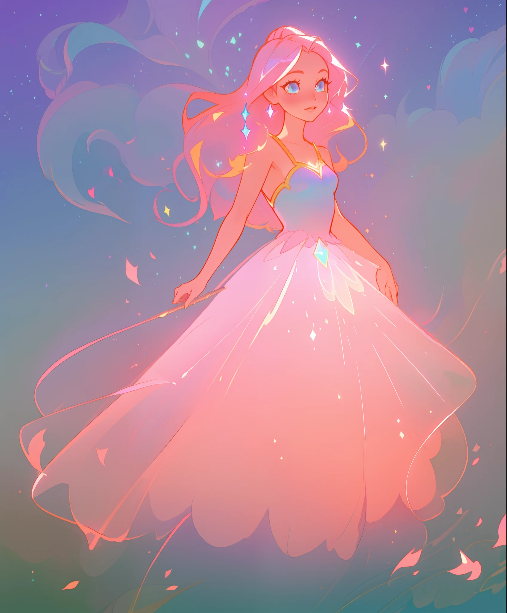 beautiful girl, puffy shimmering layered ballgown, vibrant pastel colors, (colorful), long flowing hair, magical lights, sparkling magical liquid, inspired by Glen Keane, inspired by Lois van Baarle, disney art style, by Lois van Baarle, glowing aura around her, by Glen Keane, jen bartel, glowing lights! digital painting, flowing glowing hair, glowing flowing hair, beautiful digital illustration, fantasia background, whimsical, magical, fantasy, ((masterpiece, best quality)), intricate details, highly detailed, sharp focus, 8k resolution, sparkling detailed eyes, liquid watercolor