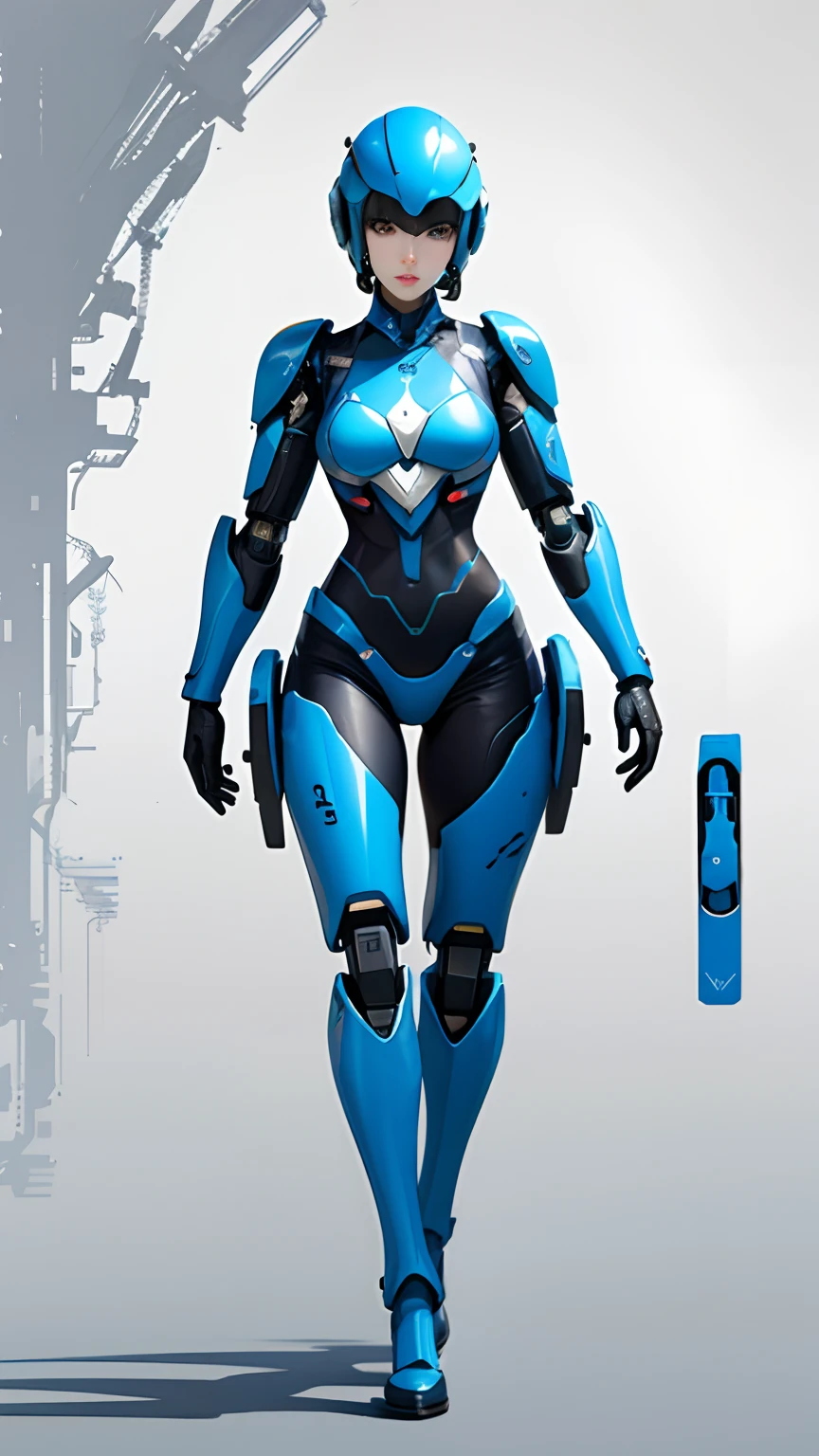 1female，Cyborg robots，full bodyesbian，full body in view，The exterior design is mainly white and blue，Symbolizes her purity and calmness。Her body is made of a super alloy，Endowed with great strength and endurance。The helmet has a unique design，Full of futuristic，Not only can she protect her head，It is also equipped with a variety of sensors and devices，to enhance her perception and interaction skills。full bodyesbian，full body in view，