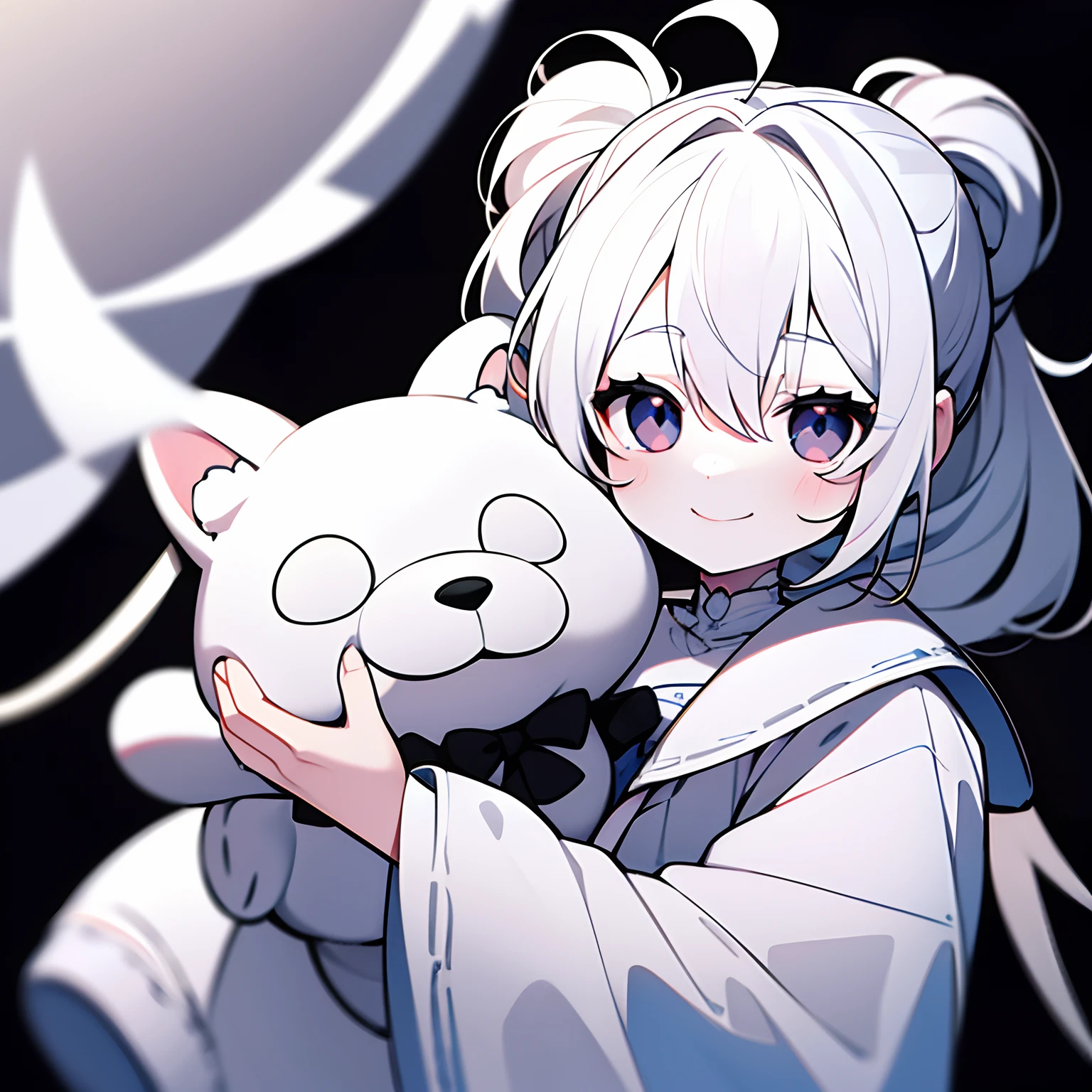 "A baby 5 year old girl with pale, paper-white skin, wild and disheveled bright white hair, twin ponytail hair and mesmerizing black eyes adorned with spirals, wearing white tattered clothing and clutching onto an aged white dog puppy plush toy, cutest smile." Raking light, masterpiece, best quality, ultra high res, simple