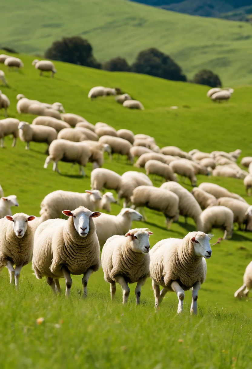 A flock of sheep,Green meadow,White cloudless sky,new zealand,4K,k hd
