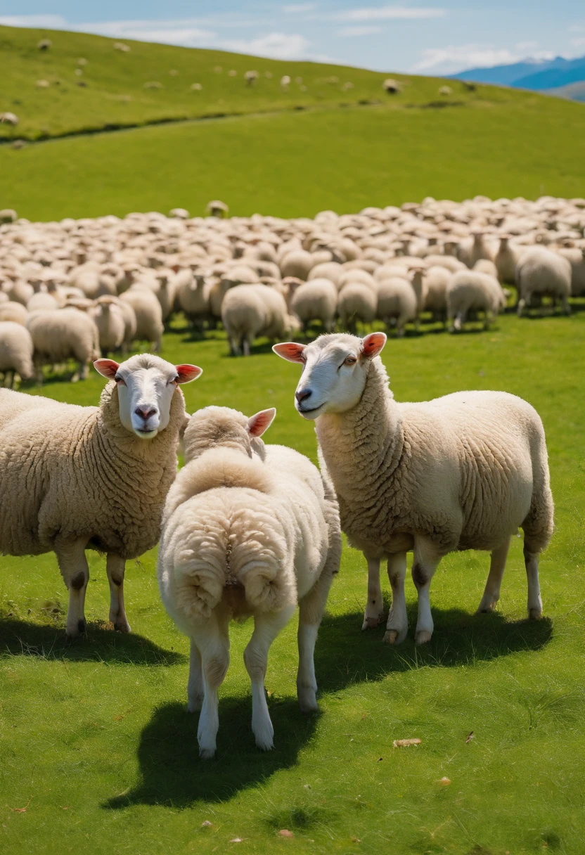 A flock of sheep,Green meadow,White cloudless sky,new zealand,4K,k hd