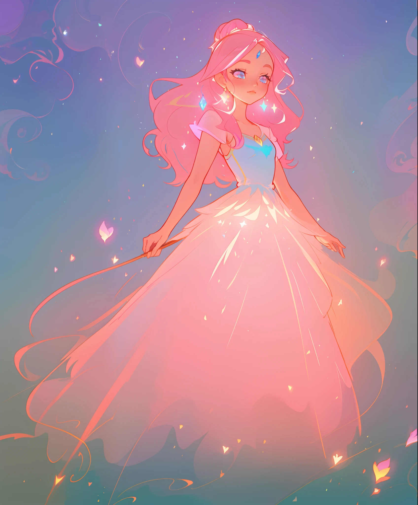 beautiful girl, puffy shimmering layered ballgown, vibrant pastel colors, (colorful), long flowing hair, magical lights, sparkling magical liquid, inspired by Glen Keane, inspired by Lois van Baarle, disney art style, by Lois van Baarle, glowing aura around her, by Glen Keane, jen bartel, glowing lights! digital painting, flowing glowing hair, glowing flowing hair, beautiful digital illustration, fantasia background, whimsical, magical, fantasy, ((masterpiece, best quality)), intricate details, highly detailed, sharp focus, 8k resolution, sparkling detailed eyes, liquid watercolor