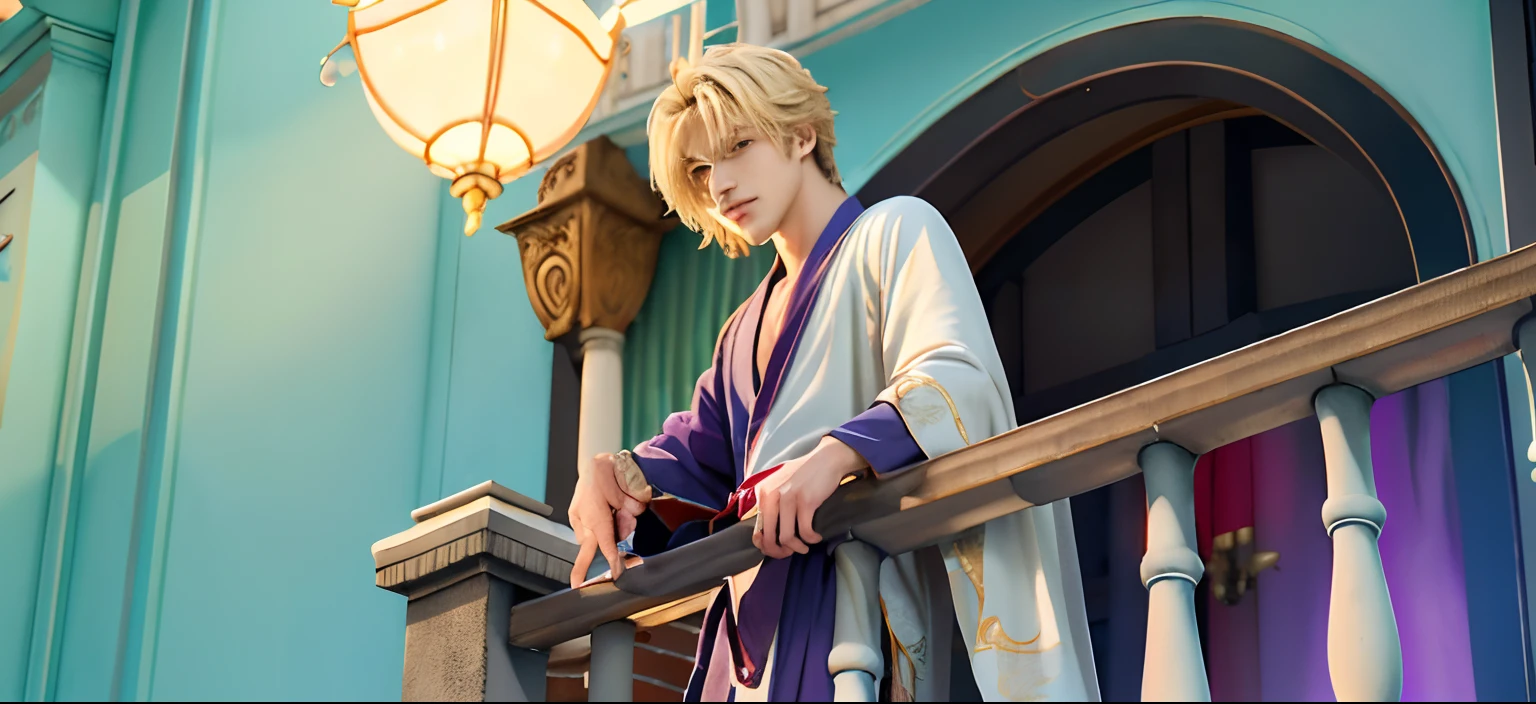 anime boy standing on a balcony, portrait of magical blond prince, key anime art, beautiful androgynous prince, smirking male bard, key anime visuals, kaoru hakaze, kaoru from ensemble stars, delicate androgynous prince, handsome anime pose, ((wearing aristocrat robe))