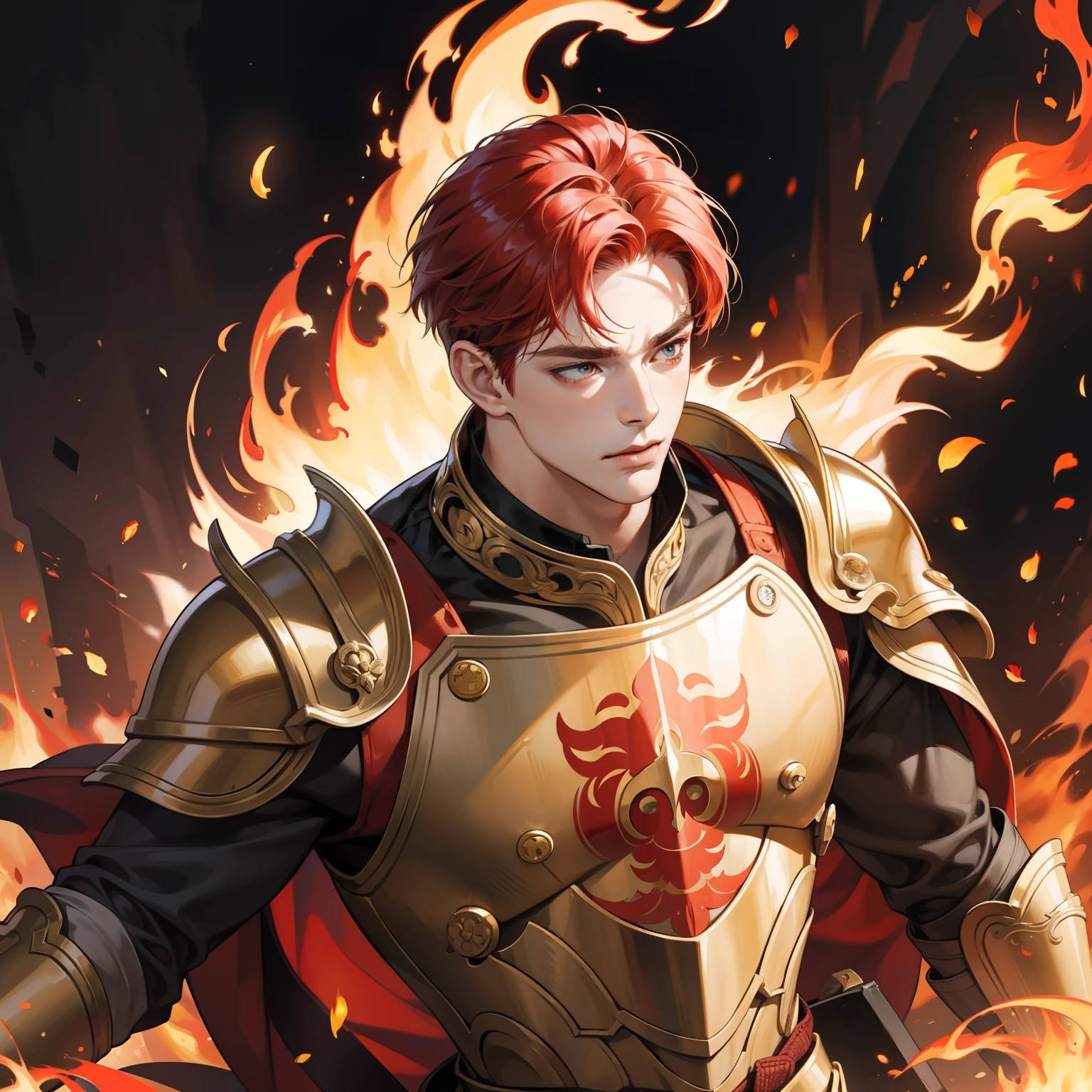 Masterpiece, high quality, best quality, HD, realistic, perfect lighting, detailed body, 1 man, red hair falls down, gold t-shirt, mad expression, wearing armor, fire elemen background.