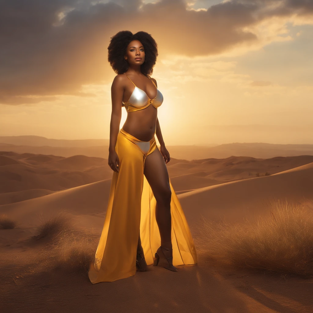 Portait of one pretty young African female, perfect face, seductive smile, bra size 32B - 40C, 26-32 inch waist, scantily clad, wearing avant-garde futuristic designer clothing, in a dynamic pose and a new environment, hyper detailed, ultra-realistic, picture, cinematic golden hour, award winning photography, DSLR, god rays, natural lighting, volumetric lighting, global illuminations, by yoshitaka amano, by greg rutkowski, by jeremyg lipkinng, by artgerm, digital art, by ismail inceoglu, by quentin tarantino, 8k, realistic shaded, octane render