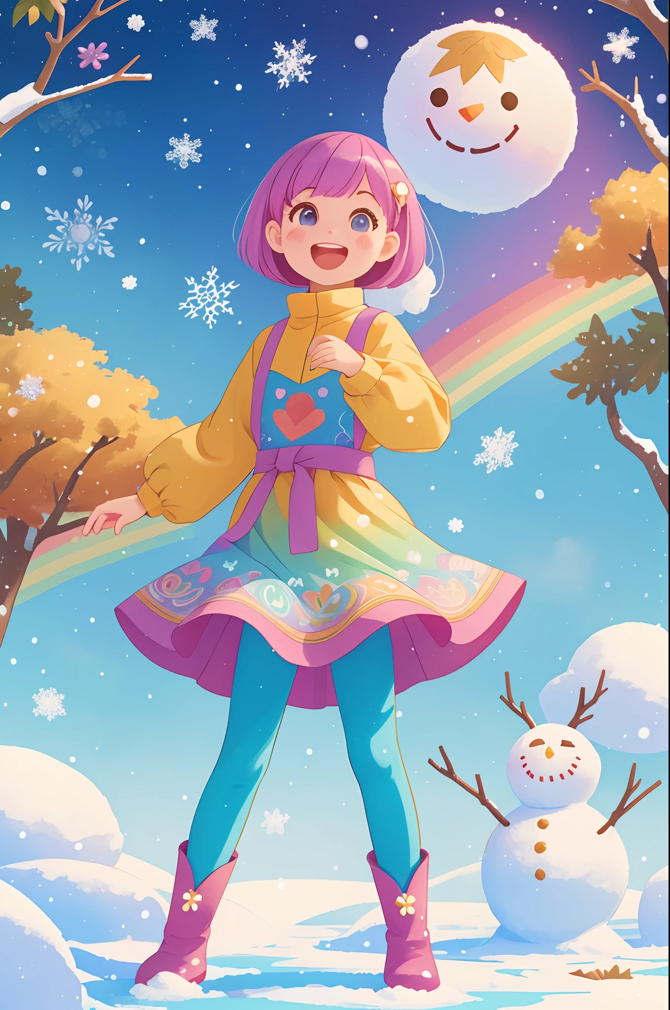 Stand in front of the photo、1girl in,Full body,a short bob, rainbow color Hair,long boots,Open mouth and big smile、kawaii pose、Flowing iridescent silk、Wearing colored tights、up of face、Eye Up、Colorcon with heart pattern、Floral dress、Pose with the snowman、snowscape、season!!: Winters☀ 🍂