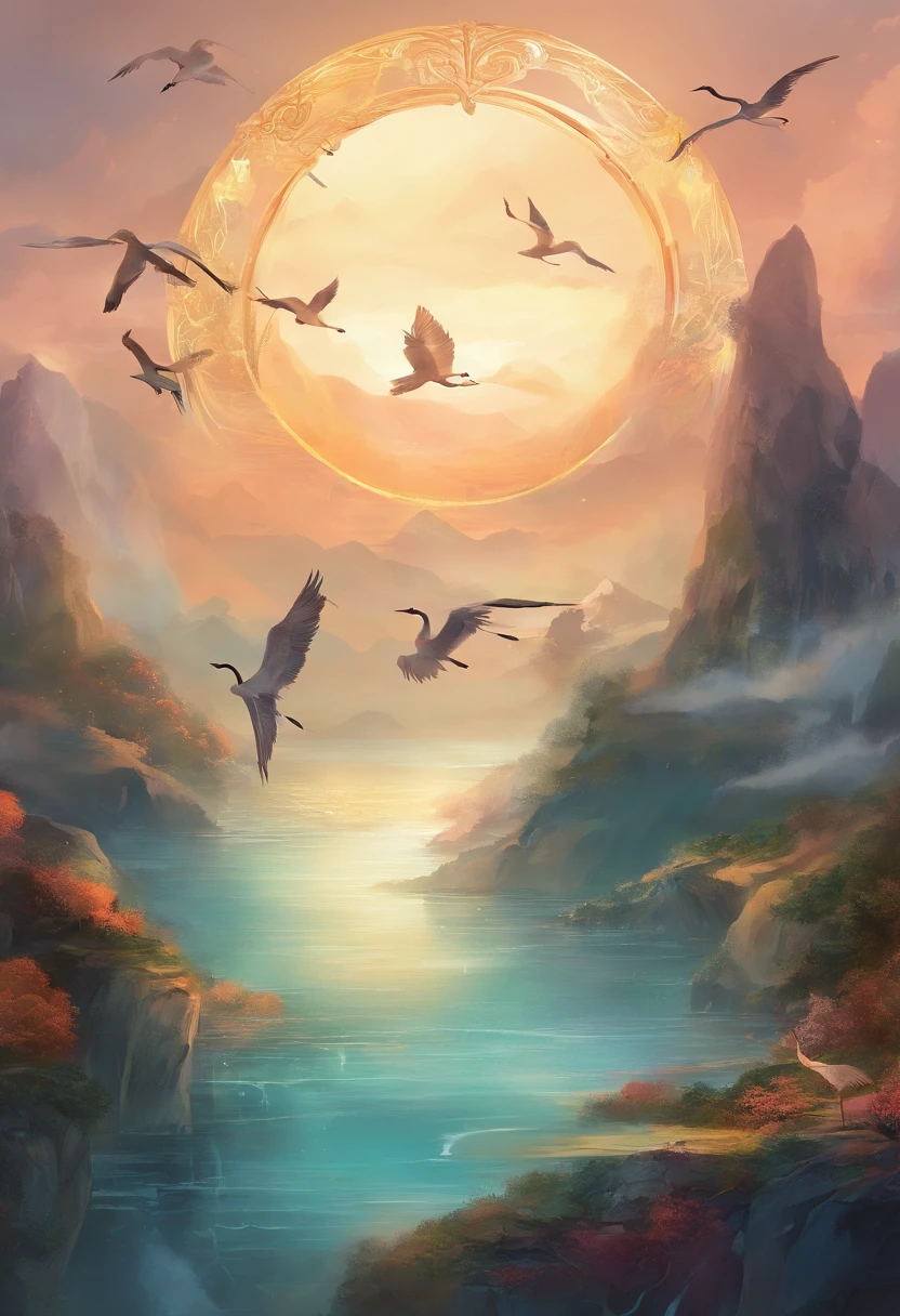 Round frame,There are cranes in the upper part of the circle,There are three mountains in the middle,Underneath are the waves,