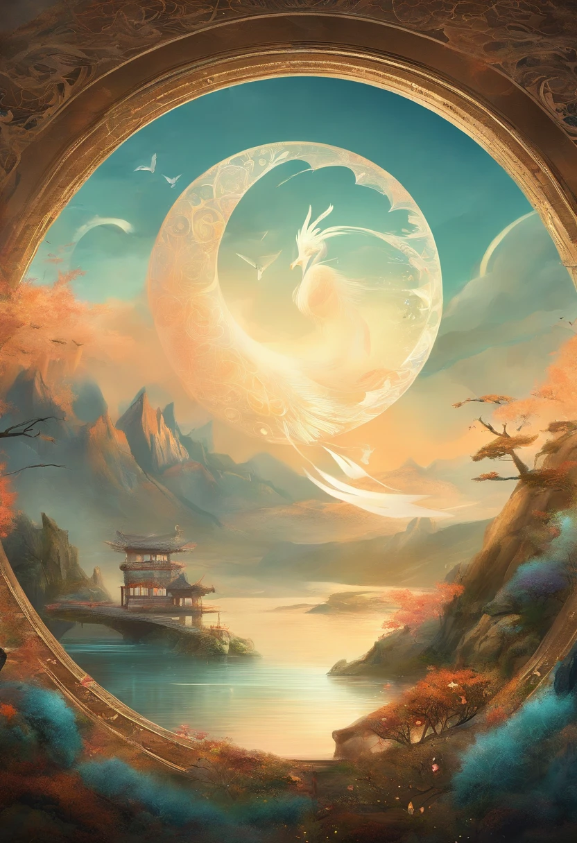 Round frame，There are cranes in the upper part of the circle，There are three mountains in the middle，Underneath are the waves，