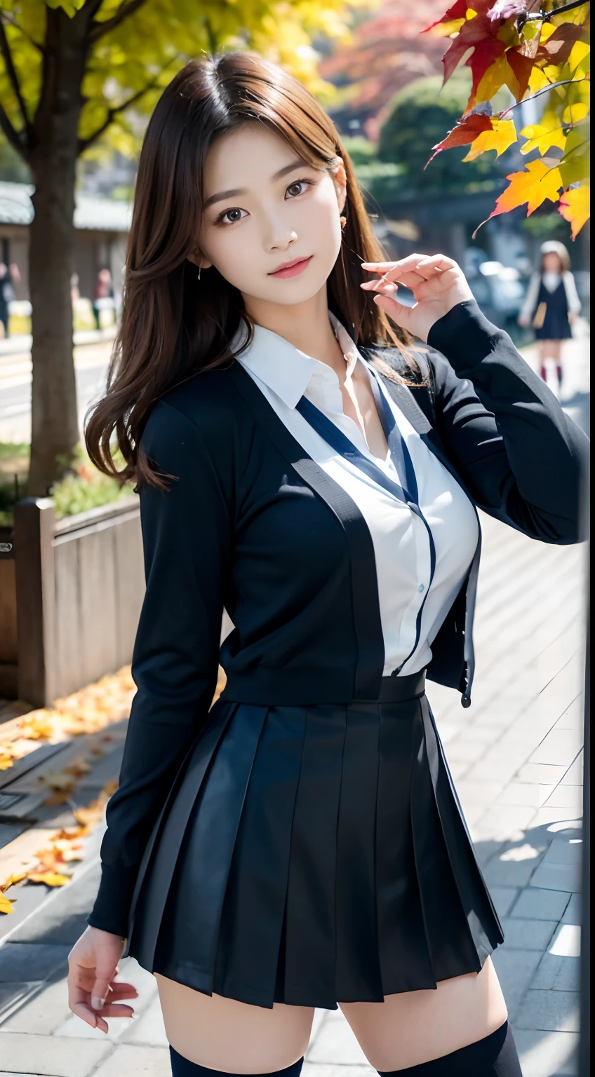 mix4, (16 K, Raw photography, Top image quality, ​masterpiece: 1.45), (realisitic, Photorealsitic: 1.37), one girls, Random hairstyle、Standing figure，Glossy bean peel、Morning time slot、a very cute,a park,Trees with autumn leaves, profetional lighting, photon maping、physically-based renderingt, Gradient dark brown hair,, a handsome, Well-groomed and beautiful eyes、Large double eyelids、Very shiny、girl with, (((校服、Winter clothes、Uniforms worn by Japan female students、White shirt、White cardigan、Dark blue color、Black mini skirt、high socks、lowfers))), Top Quality Photos, hight resolution, 1080p, (clearface), (Detailed face description), (Detailed hand description), (​masterpiece), (Exquisite CG)、extreme light and shadows、dishevled hair、master work、abundant detail、(Fine facial features)、(top quality photo)、(masuter piece)、(A detailed eye)、Looking at the camera、Fine clavicle、((Slender big))、(((Japan schoolgirl in uniform)))、((Ready Idol System))、((a park、Slide、The fountain、seesaw))、(((neat and cute)))、耳Nipple Ring、A big smile、Drawing the whole body from the knees、Do not draw nasolabial folds、(((Cute uniform)))、(Big breasts that hang down big:1.4)、Big buttocks with tension、Two arms and two legs、(((from the front side:0.7)))、bare hand、No mask、Ginkgo in autumn leaves