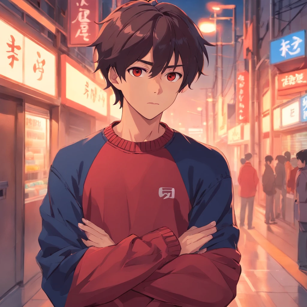 Man in red sweater, pelo negro, Brown eyes, Dark blue trousers, White sneakers, arms folded, Calm expression
