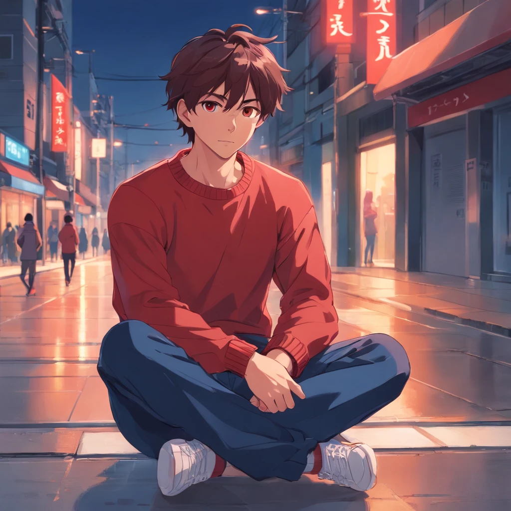 Man in red sweater, pelo negro, Brown eyes, Dark blue trousers, White sneakers, arms folded, Calm expression