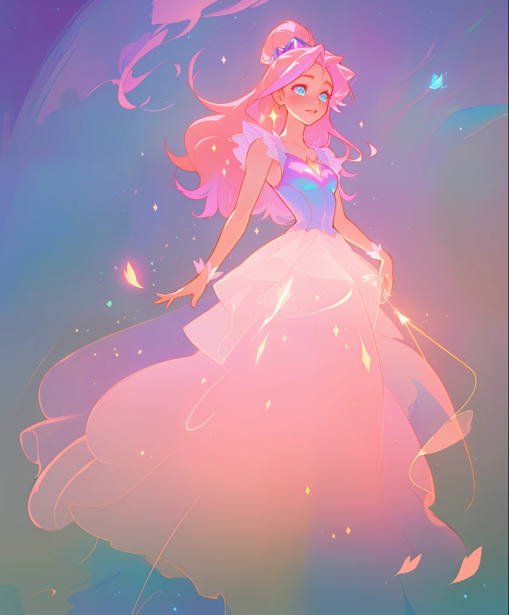 beautiful girl, puffy shimmering layered ballgown, vibrant pastel colors, (colorful), long flowing hair, magical lights, sparkling magical liquid, inspired by Glen Keane, inspired by Lois van Baarle, disney art style, by Lois van Baarle, glowing aura around her, by Glen Keane, jen bartel, glowing lights! digital painting, flowing glowing hair, glowing flowing hair, beautiful digital illustration, fantasia background, whimsical, magical, fantasy, ((masterpiece, best quality)), intricate details, highly detailed, sharp focus, 8k resolution, sparkling detailed eyes, liquid watercolor