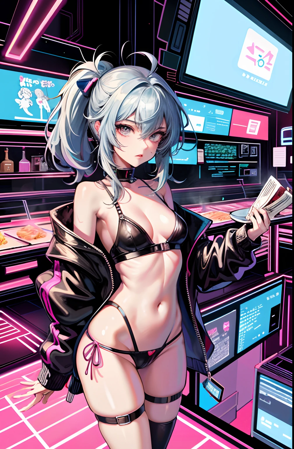 (best quality, masterpiece), 1girl, cyberpunk, neon, cloudy sky, (cartoon:1.5), sexy, string, big breast, tight, petite, small, neon signs, ramen shop