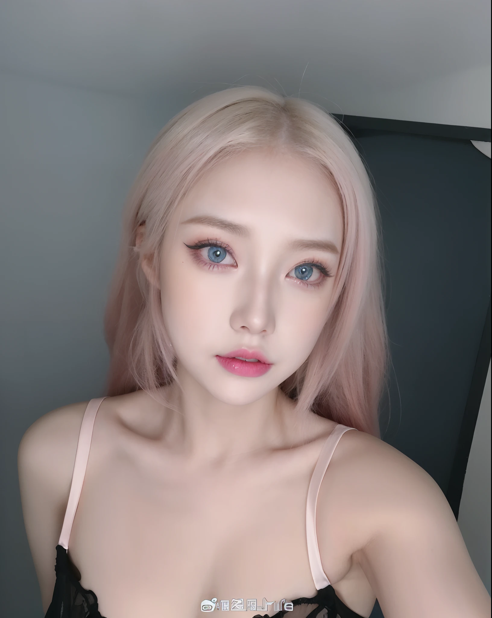 Blu-eyed blonde woman posing for a photo, sensual face,Full of makeup, skydoll noa, ahegao face, Smooth pink skin, belle delphine, ulzzangs, popular korean makeup, sakimichan, pale porcelain white skin, pink face, pink twintail hair and cyan eyes, perfect android girl, 1 8 I