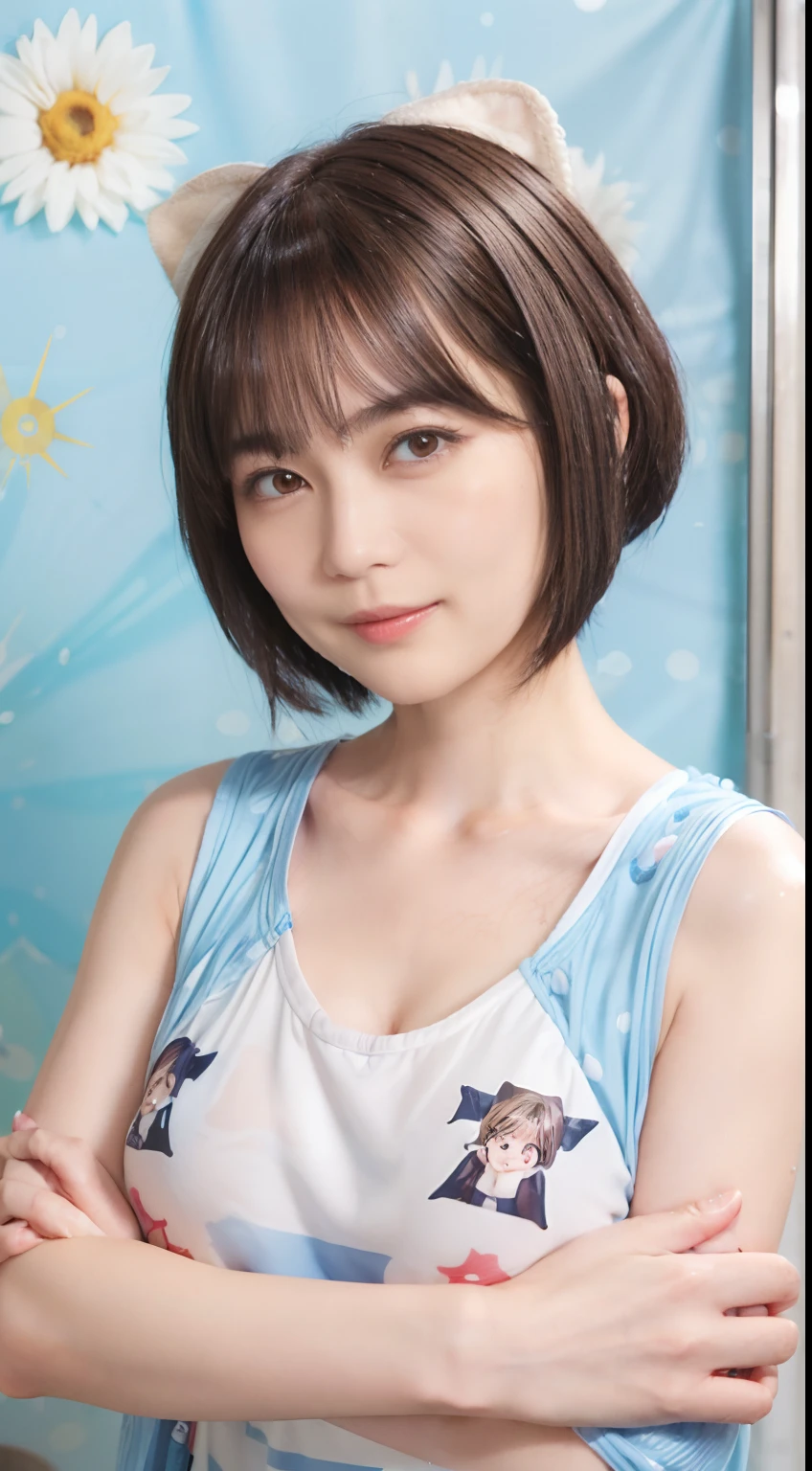 57
(a 20 yo woman), (A hyper-realistic), (masutepiece), (Short bob cut:1.46), Hairstyle with visible ears, (Breast), kindly smile, (Graphic wetwear with anime characters printed on it)