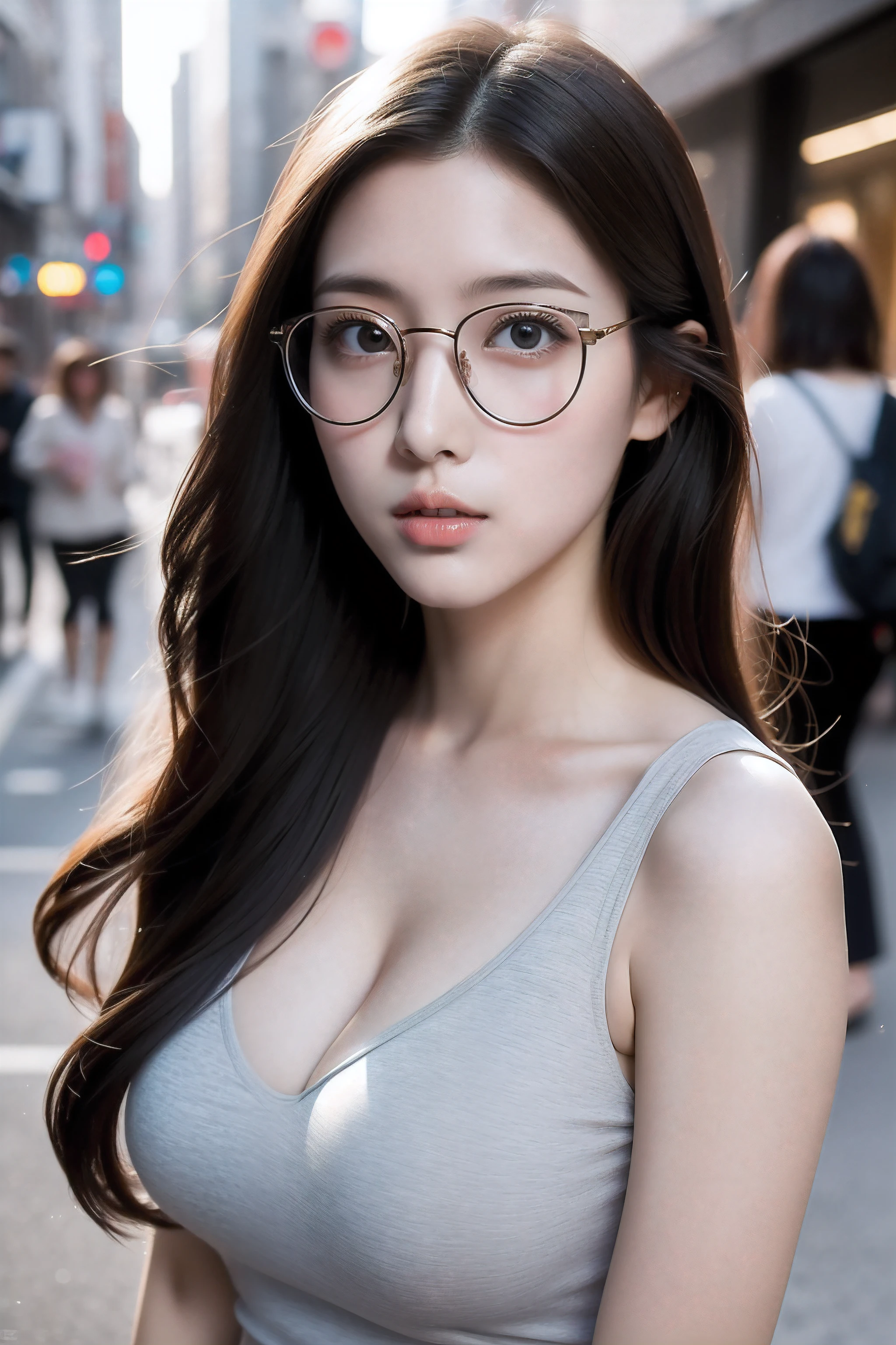 ((Beautiful girl on the street)),Big breasts:1.2,24 years of age,Korean female,Low-cut dressing,Delicatemakeup,prettyeyes,Sexy pose, long leges:1.3, prettyeyes, Stand, detailface, With glasses, ((full bodyesbian))
