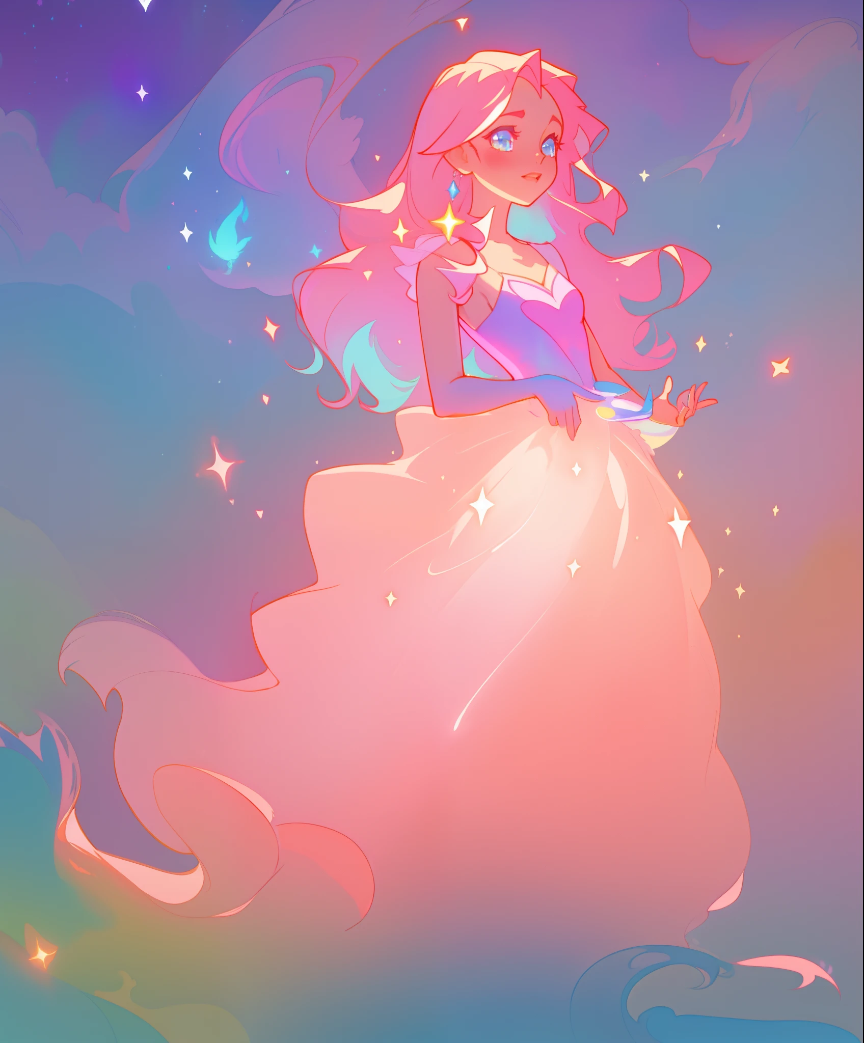 beautiful girl, puffy shimmering layered ballgown, vibrant pastel colors, (colorful), long flowing hair, magical lights, sparkling magical liquid, inspired by Glen Keane, inspired by Lois van Baarle, disney art style, by Lois van Baarle, glowing aura around her, by Glen Keane, jen bartel, glowing lights! digital painting, flowing glowing hair, glowing flowing hair, beautiful digital illustration, fantasia background, whimsical, magical, fantasy, ((masterpiece, best quality)), intricate details, highly detailed, sharp focus, 8k resolution, sparkling detailed eyes, liquid watercolor