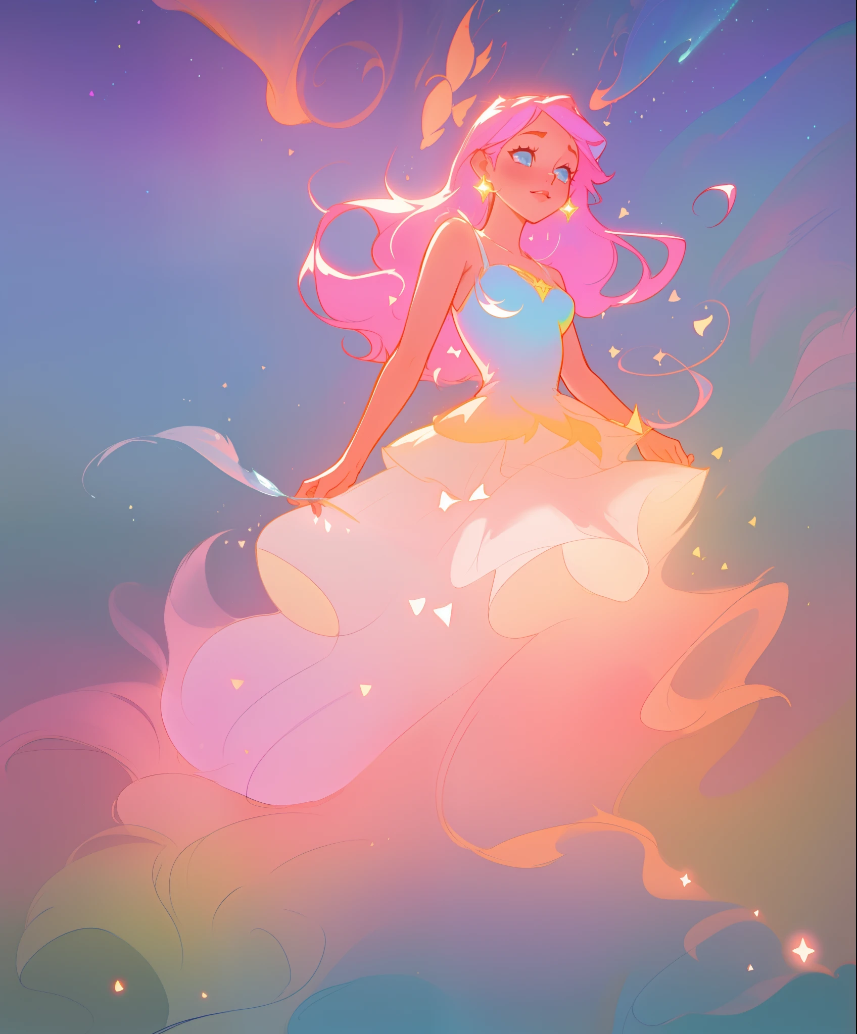 beautiful girl, puffy shimmering layered ballgown, vibrant pastel colors, (colorful), long flowing hair, magical lights, sparkling magical liquid, inspired by Glen Keane, inspired by Lois van Baarle, disney art style, by Lois van Baarle, glowing aura around her, by Glen Keane, jen bartel, glowing lights! digital painting, flowing glowing hair, glowing flowing hair, beautiful digital illustration, fantasia background, whimsical, magical, fantasy, ((masterpiece, best quality)), intricate details, highly detailed, sharp focus, 8k resolution, sparkling detailed eyes, liquid watercolor