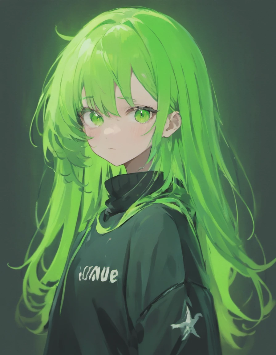 Girl, neon green hair, A stern look, in a black and white sweater, grey skin, neon green eyes, crying,