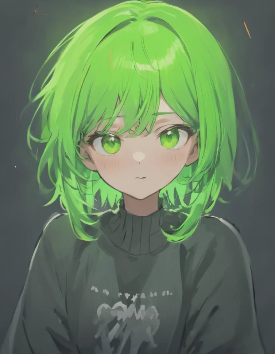 Girl, neon green hair, A stern look, in a black and white sweater, grey skin, neon green eyes, crying,