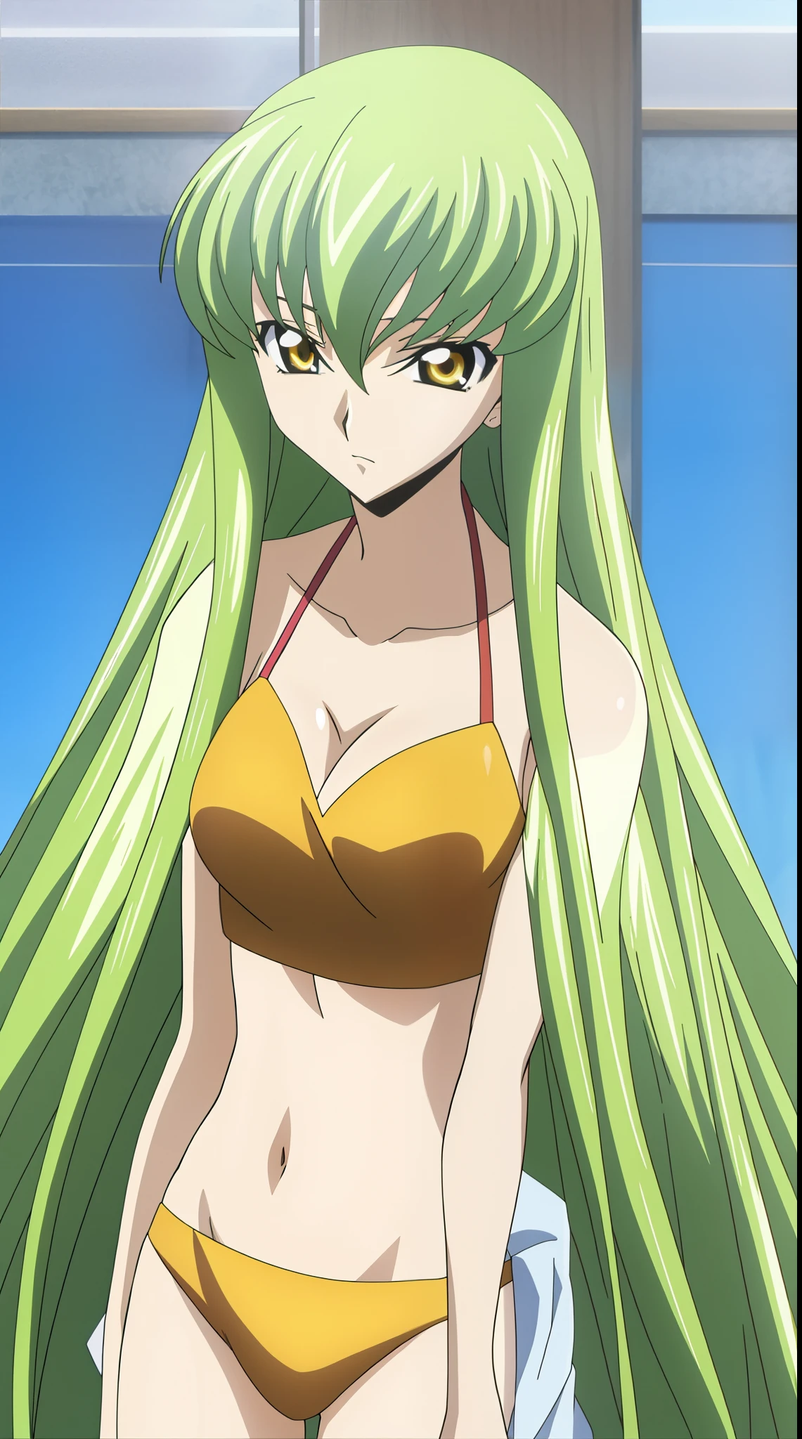 Cc, 1girl, 独奏, tall_hair, breasts, looking_Inn_viewer, explosions, hair_between_Eyes , Brown_Eyes, medium_breasts, very_tall_hair, closed_mouth, collarbone, yellow_Eyes, top_body, Small_breasts, green_hair, shiny, contract_shoulder, shiny_hair, expressionless, straight_hair, anime_colorize, C.C. long girl bikini