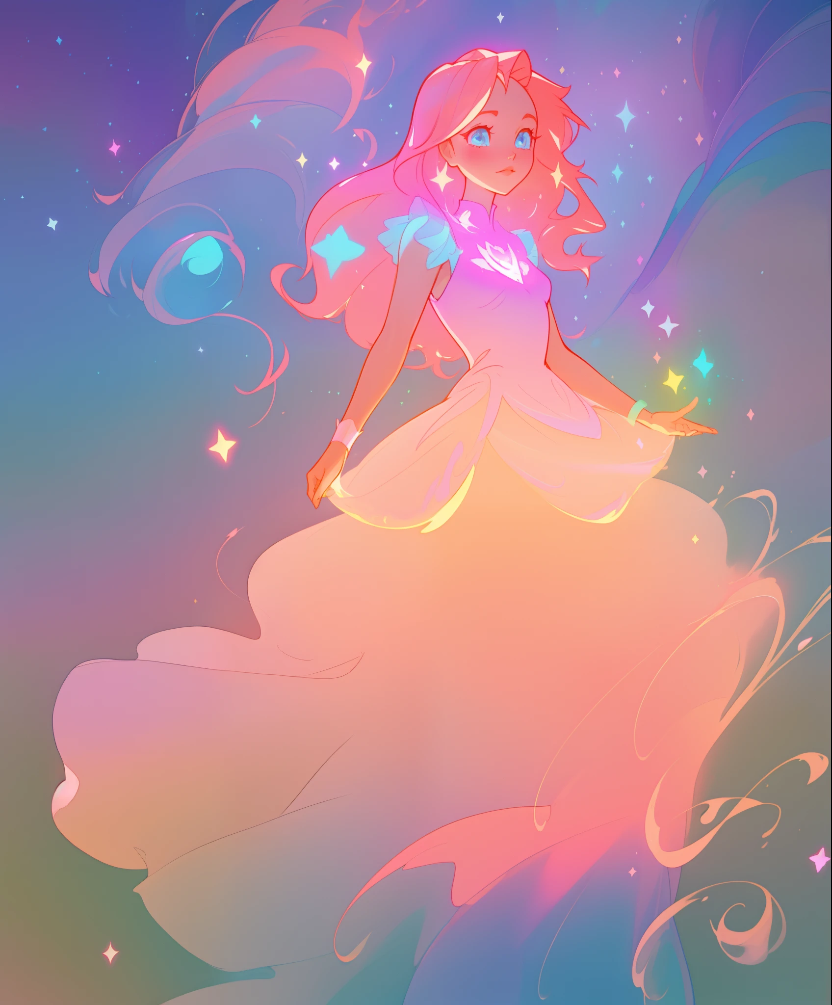 beautiful girl, puffy shimmering layered ballgown, vibrant pastel colors, (colorful), long flowing hair, magical lights, sparkling magical liquid, inspired by Glen Keane, inspired by Lois van Baarle, disney art style, by Lois van Baarle, glowing aura around her, by Glen Keane, jen bartel, glowing lights! digital painting, flowing glowing hair, glowing flowing hair, beautiful digital illustration, fantasia background, whimsical, magical, fantasy, ((masterpiece, best quality)), intricate details, highly detailed, sharp focus, 8k resolution, sparkling detailed eyes, liquid watercolor