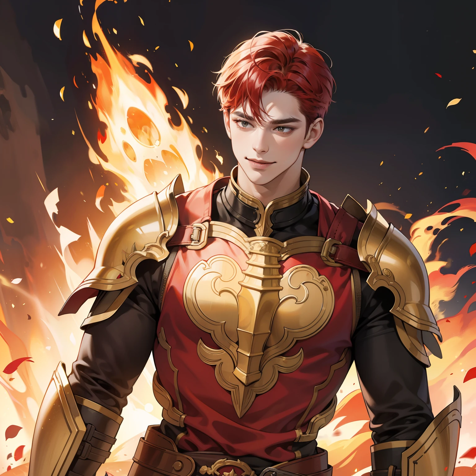 Masterpiece, high quality, best quality, HD, realistic, perfect lighting, detailed body, 1 man, red hair fall down, gold t-shirt, smile expression, wearing armor, fire elemen background.