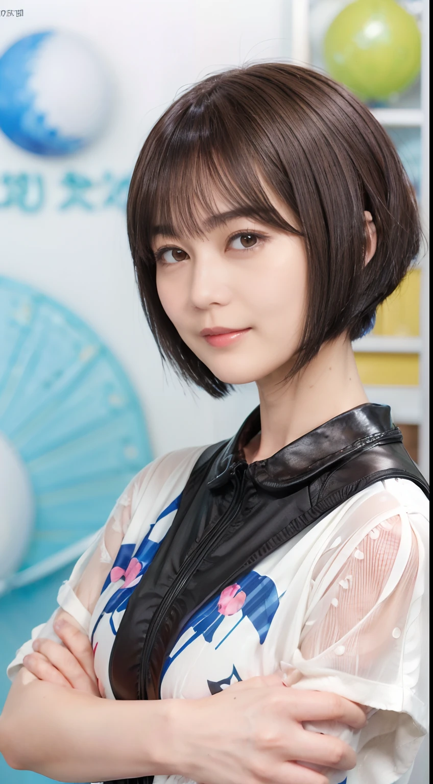 57
(a 20 yo woman), (A hyper-realistic), (masutepiece), (Short bob cut:1.46), Hairstyle with visible ears, (Breast), kindly smile, (Graphic wetwear with anime characters printed on it)