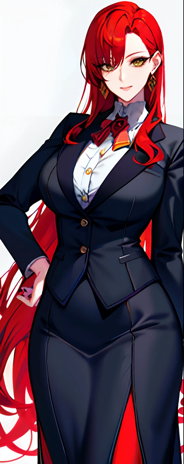 Beautiful tall lady with red hair and yellow eyes super realistic and well designed suit outfit