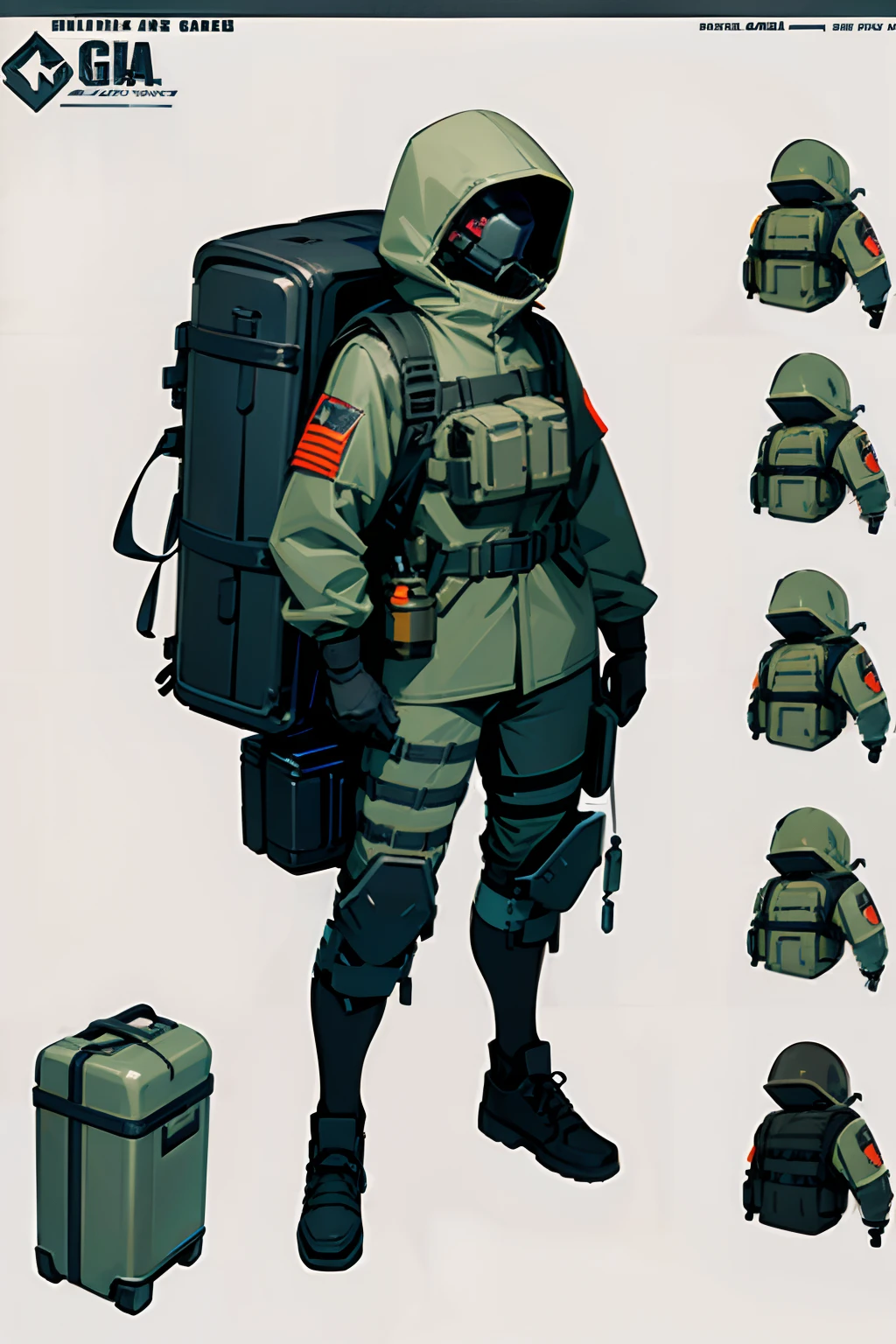 concept art, backpack, gas canister attached to backpack, lightweight material, combat-ready equipment