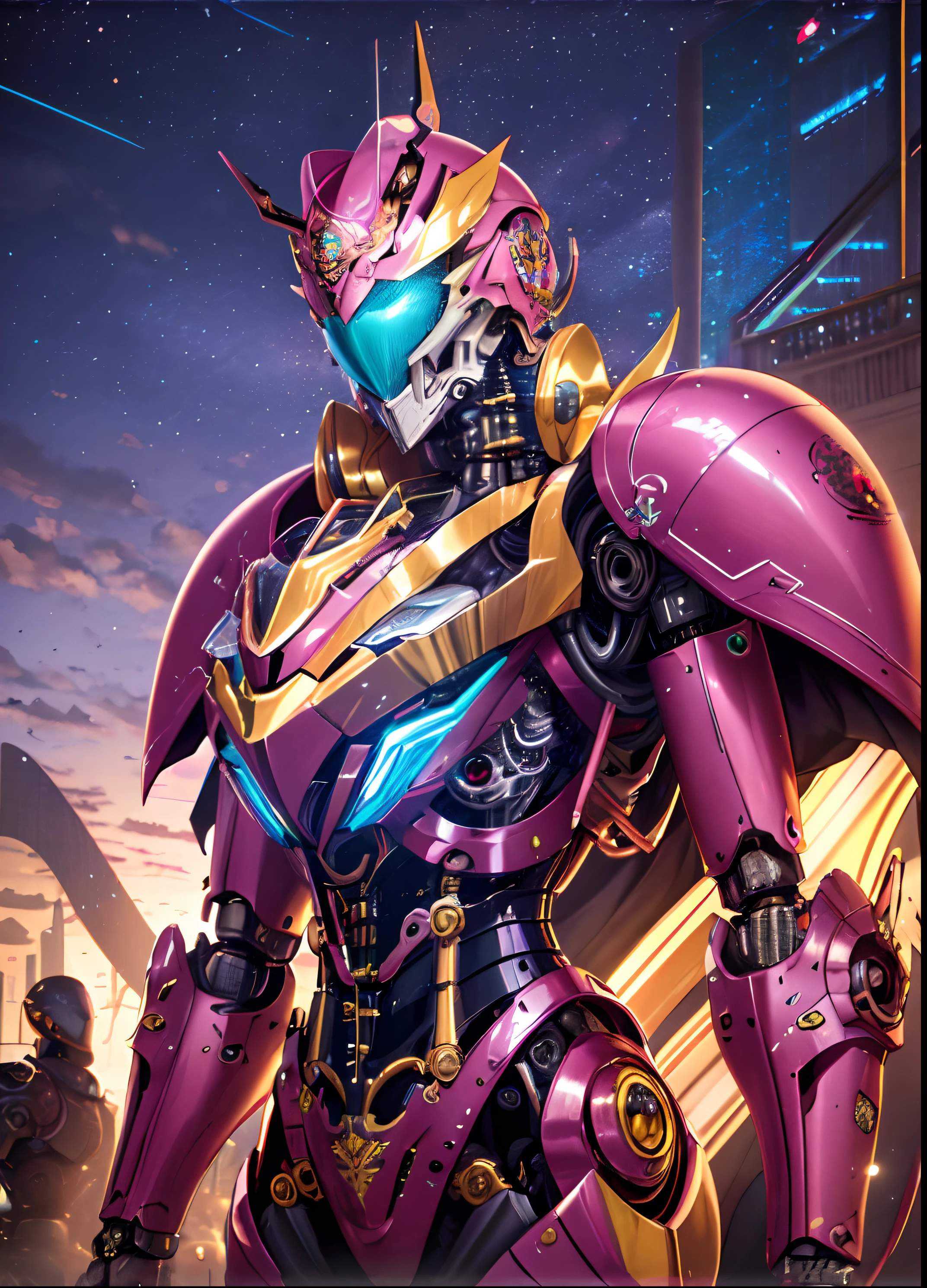 a close up of a robot with a helmet and a sword, girl in mecha cyber armor, Beautiful robot character design, female mecha, Streamlined pink armor, mecha asthetic, slick pink armor, cyberpunk anime girl mech, anime large mecha robot, anime robotic mixed with organic, mecha art, anfas portrait of a mech warrior