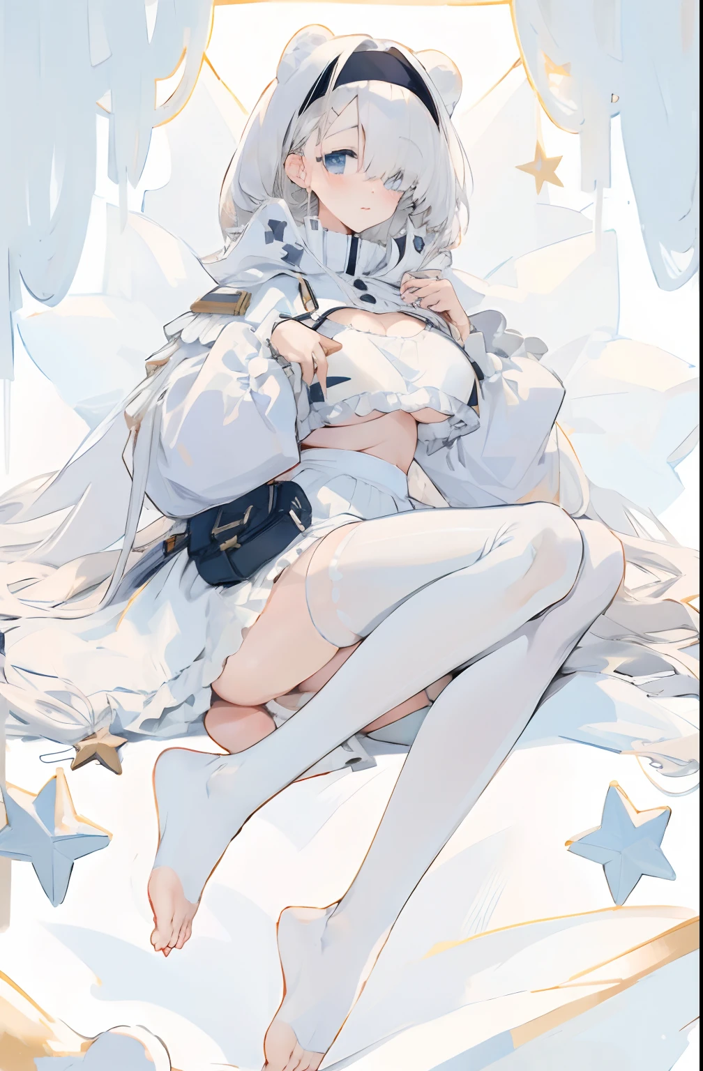 Bigboobs，Barefoot，White knee-length stockings，White ****ta skirt，Star decoration，white  clothes