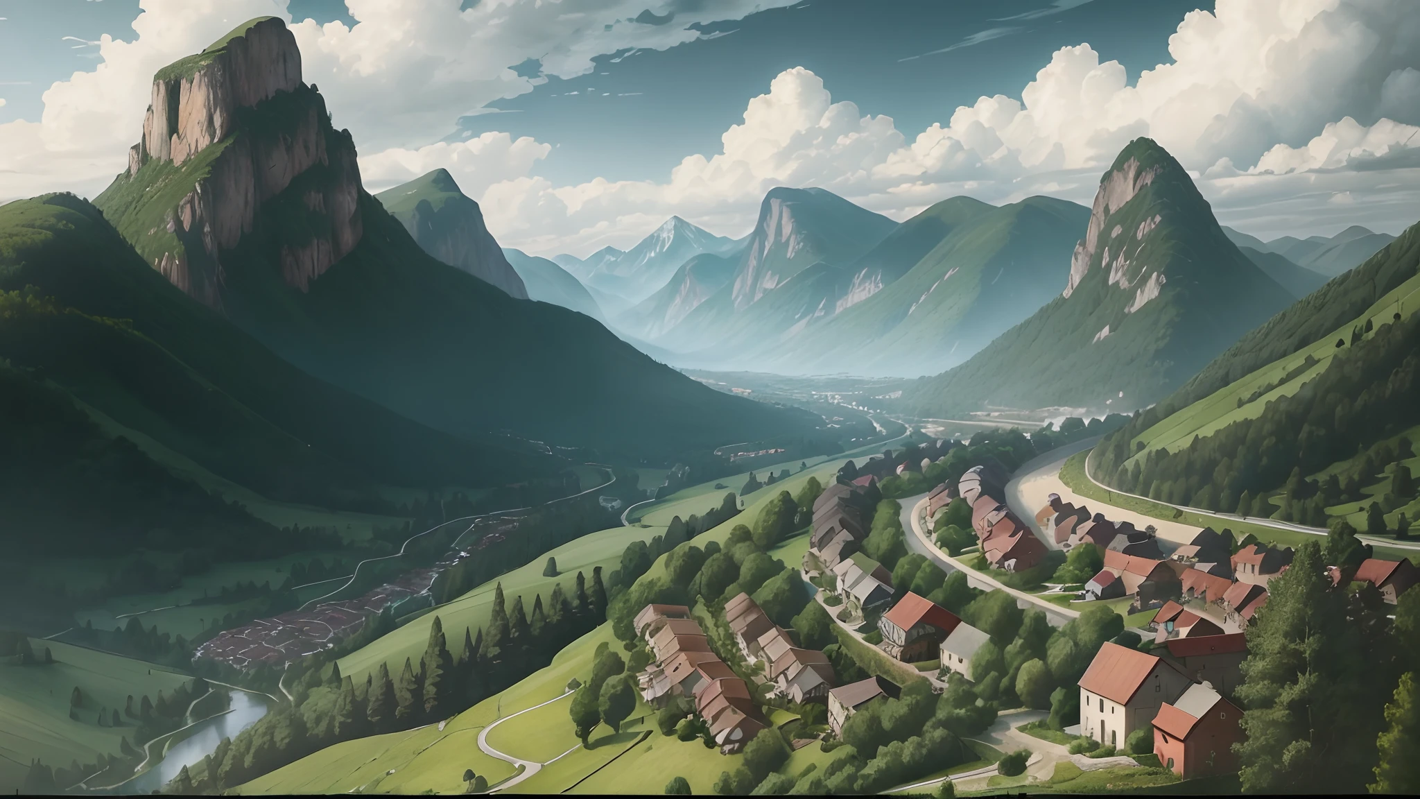 (Best quality, 4K, A high resolution, Masterpiece:1.2), Ultra-detailed, Realistic:1.93, hdr, Mountain landscape, Forest Green Steam Train, Winding mountain road, Colorful elements of Zhuang style,Quaint mountain village, distant background, Sunny sky, lush green trees, Vibrant colors, Perspective view, Old steam locomotives, Steam injection, Vintage train tracks, Quaint house, red roofs,yellow roofs,Purple roof,Blue roof,The roof is decorated with colorful moire, Winding roads, stone, Rolling hills, tranquil ambiance, serene environment, Natural beauty, enchanting scenery, dramatic clouds, Cloudy mountains, Charming mountainside, Idyllic countryside, Dynamic composition, Atmospheric lighting, Soft shadows, immersive experience, Deep in the forest, Picturesque charm.